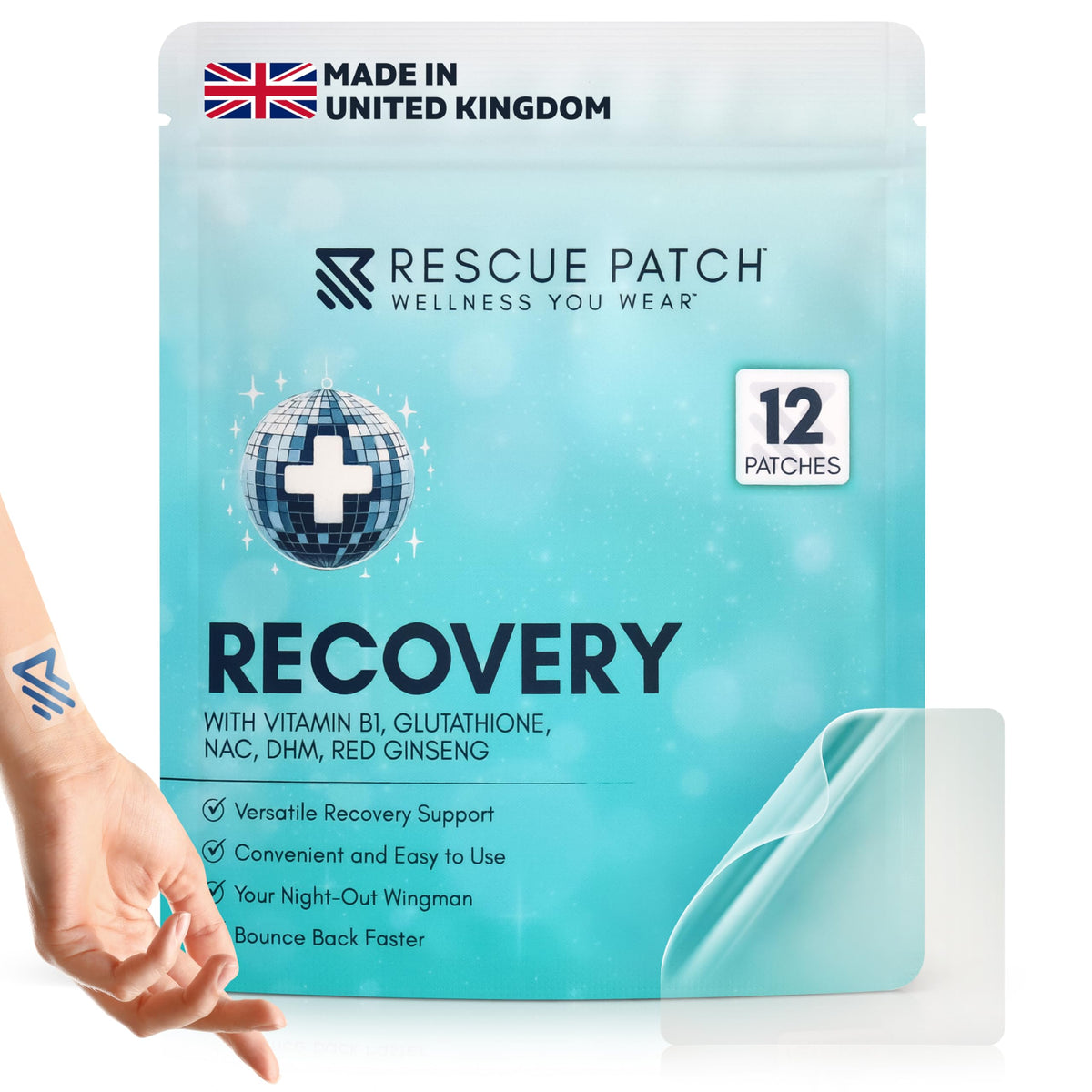 Rescue Patch empaque frontal mostrando 12 parches y beneficio portátil