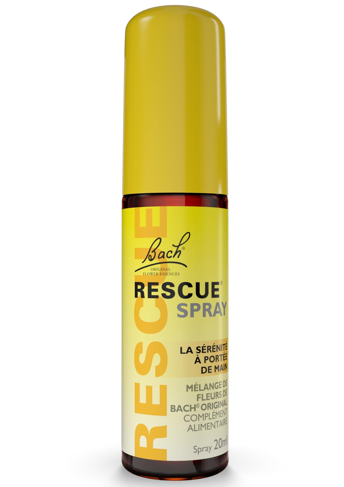 RESCUE spray frente 20 mL mostrando etiqueta clara y ventaja portátil