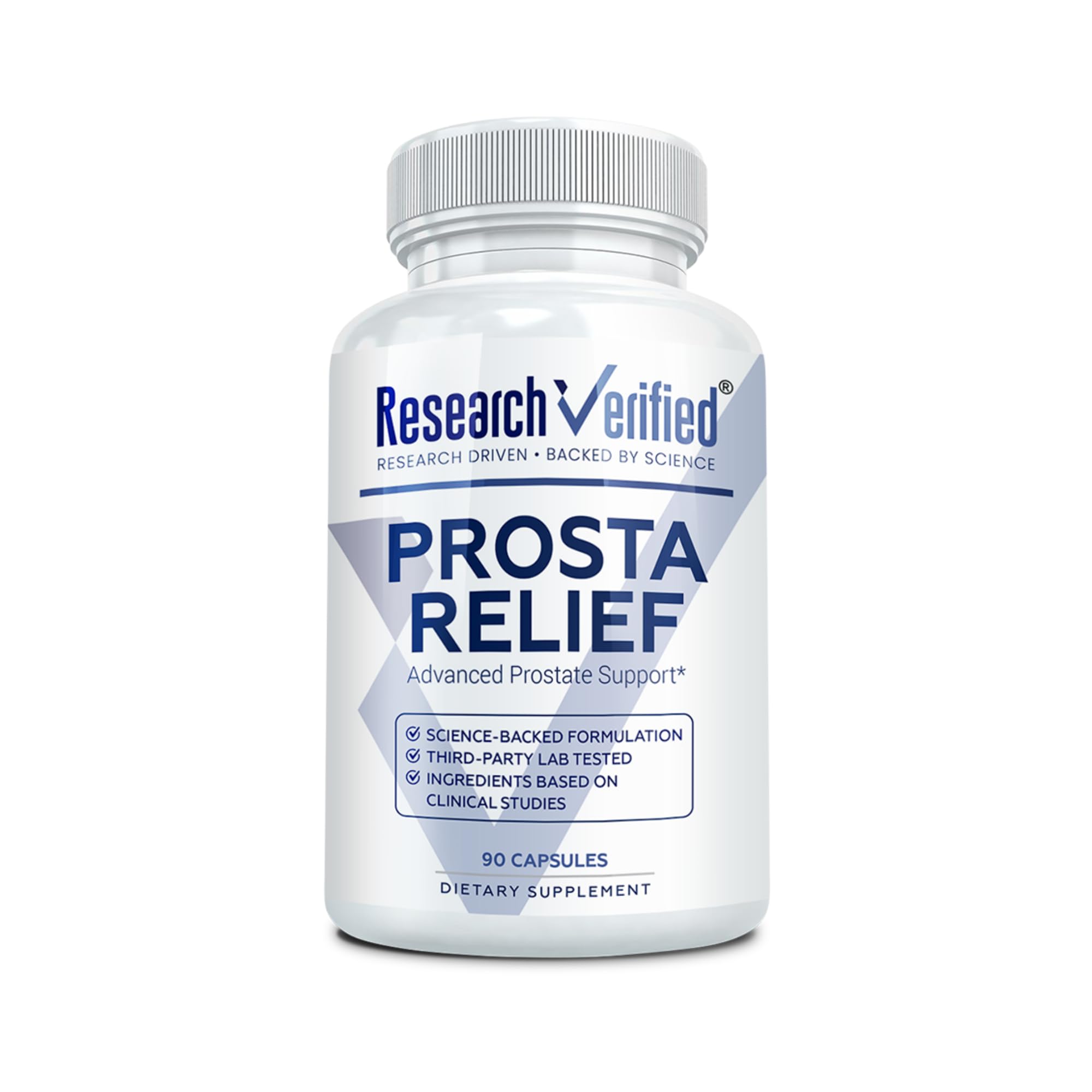 Research Verified frasco Prosta Relief al frente mostrando etiqueta y beneficio de apoyo prostático