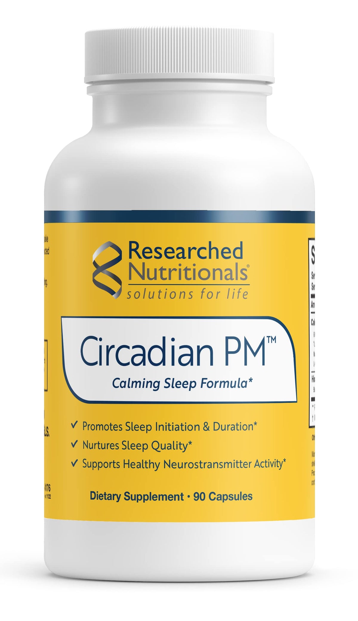 Researched Nutritionals Circadian PM vista frontal mostrando presentación y beneficio de calma nocturna