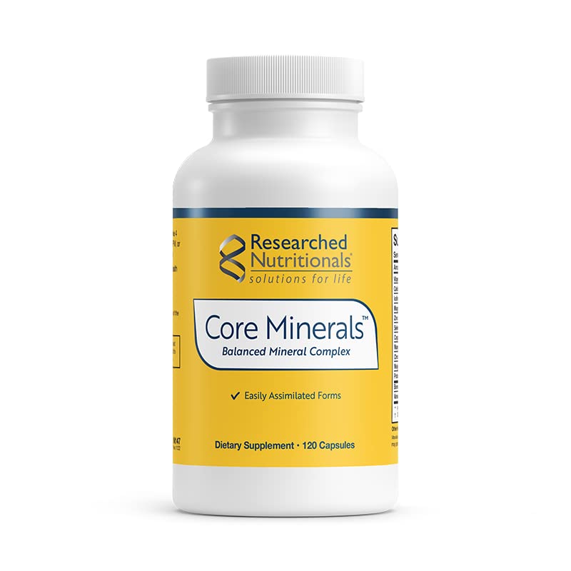Researched Nutritionals botella frontal mostrando Core Minerals y beneficios visibles
