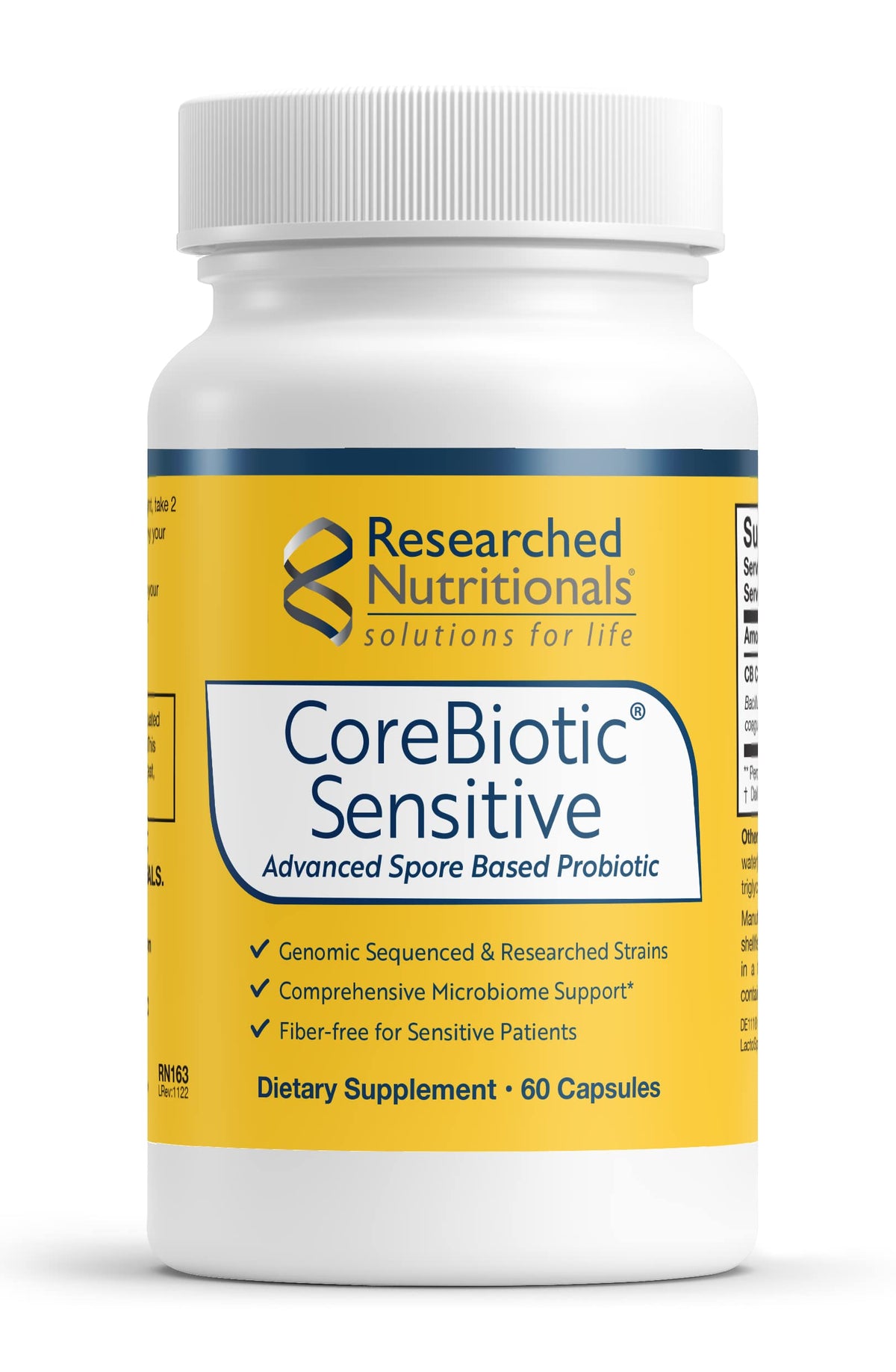 Researched Nutritionals bote frontal de CoreBiotic Sensitive, fácil identificación