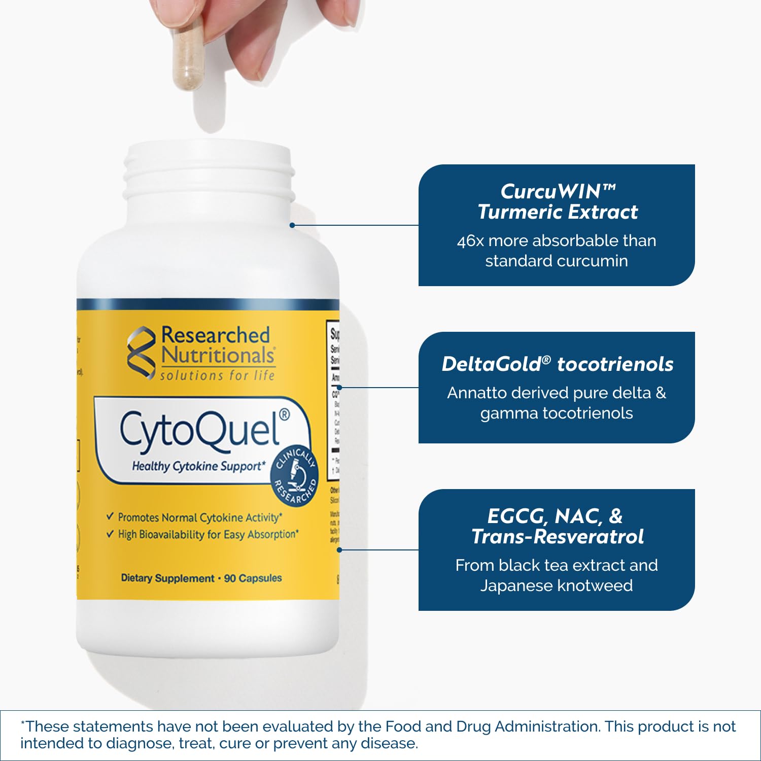 Researched Nutritionals frasco junto a mano para mostrar tamaño real