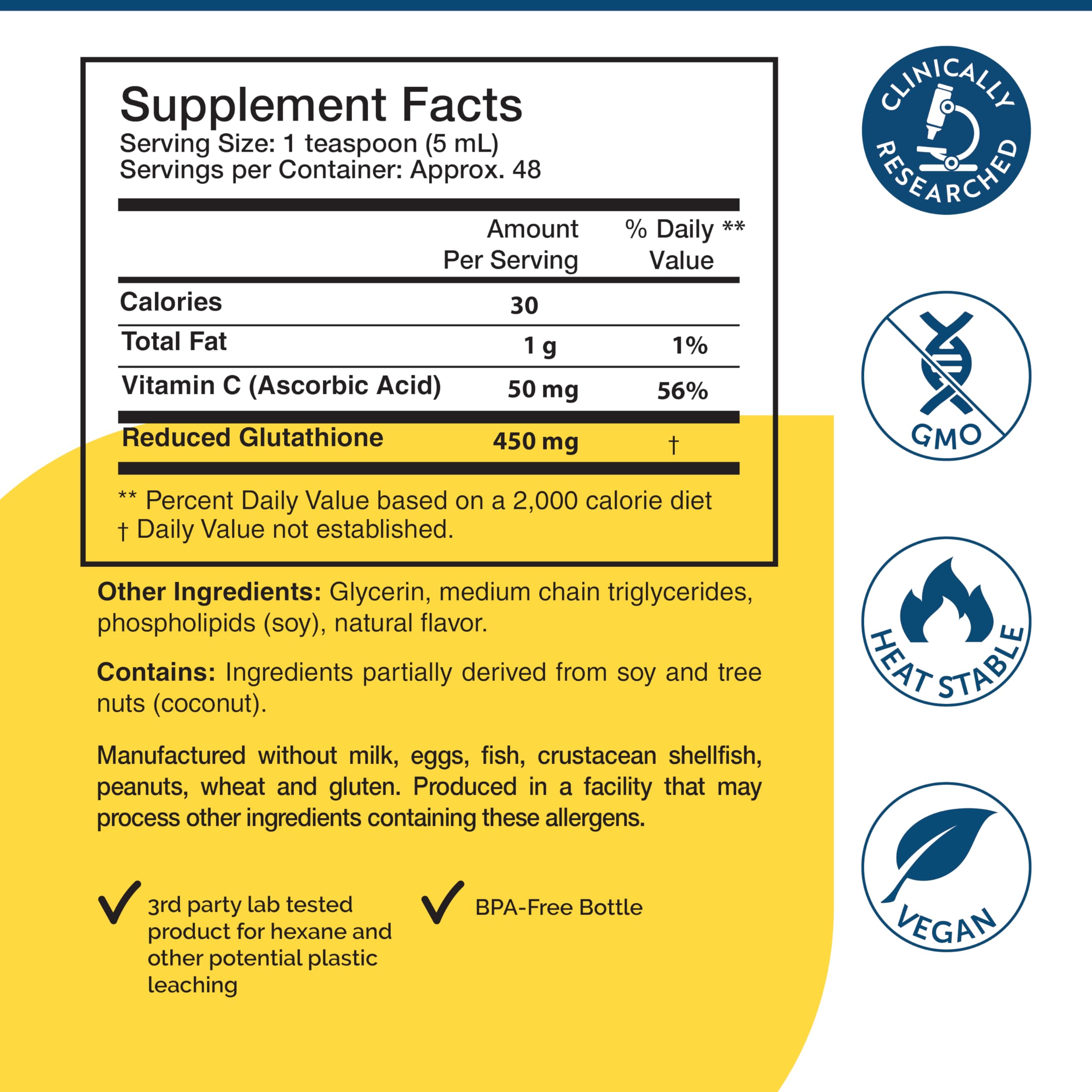 Researched Nutritionals etiqueta con lista de ingredientes y certificaciones para tranquilidad