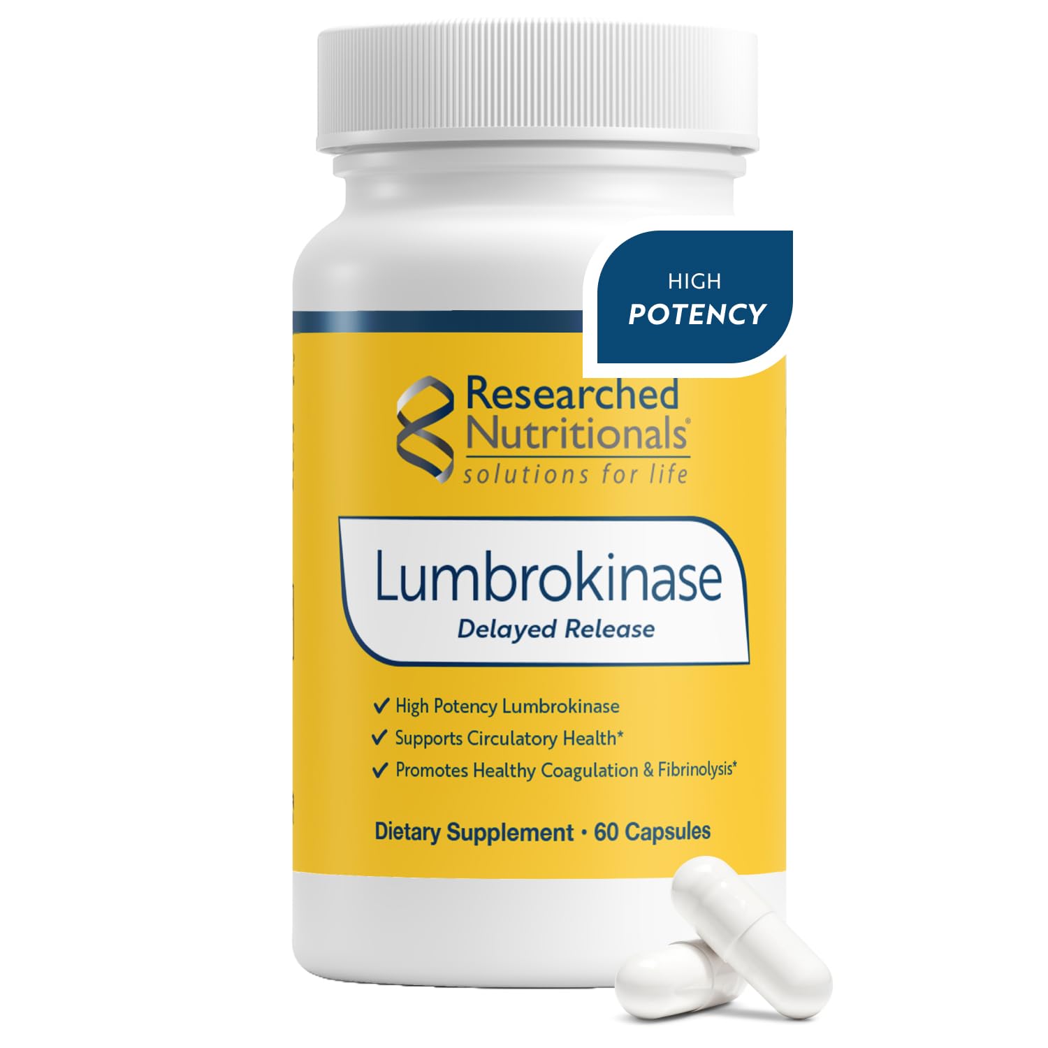 Researched Nutritionals frasco frontal mostrando etiqueta y beneficio circulatorio