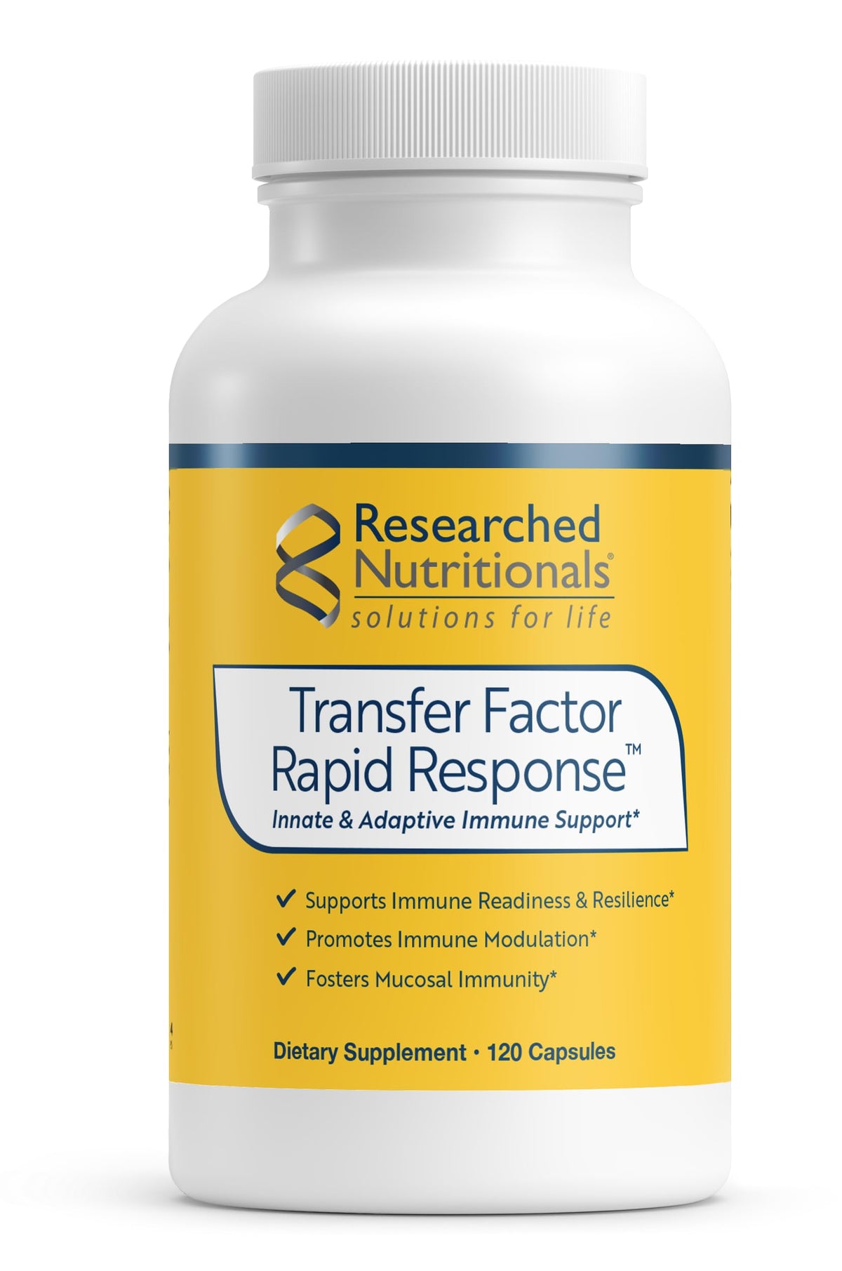 Researched Nutritionals botella frente mostrando etiqueta y beneficios rápidos