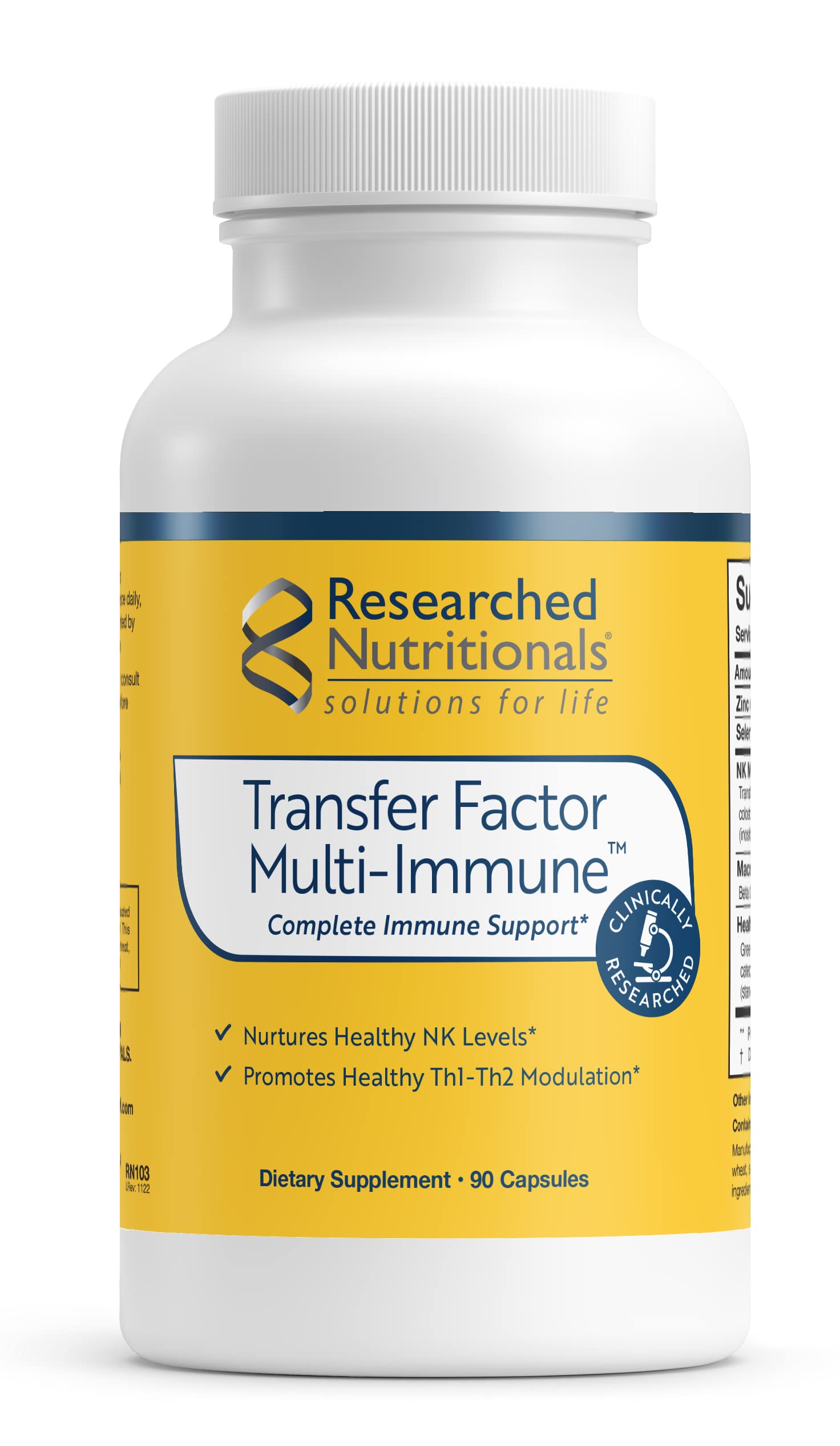 Researched Nutritionals frasco frontal mostrando la etiqueta y la cantidad de 90 cápsulas, claridad visual del producto