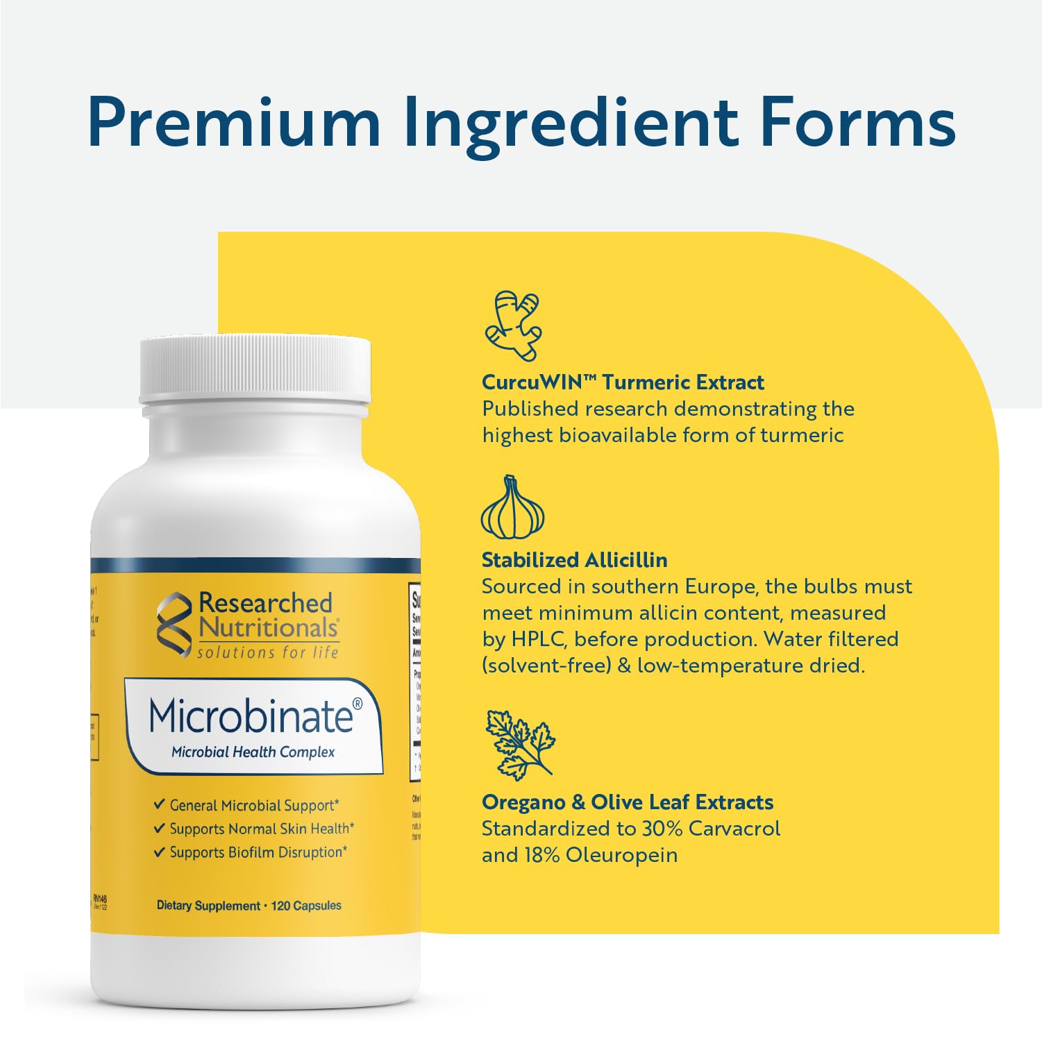 Researched Nutritionals Microbinate etiqueta con lista de ingredientes estandarizados visible