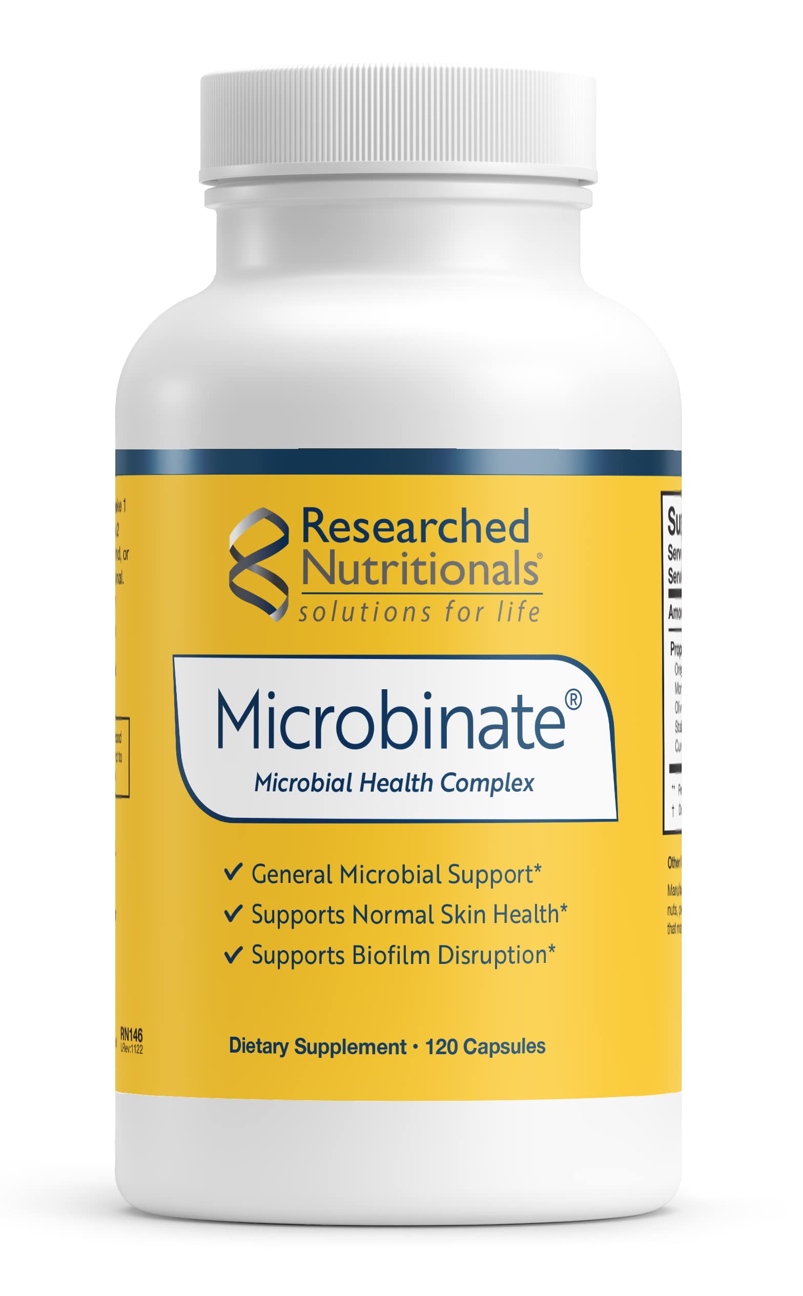 Researched Nutritionals Microbinate frasco frontal mostrando diseño y beneficios clave