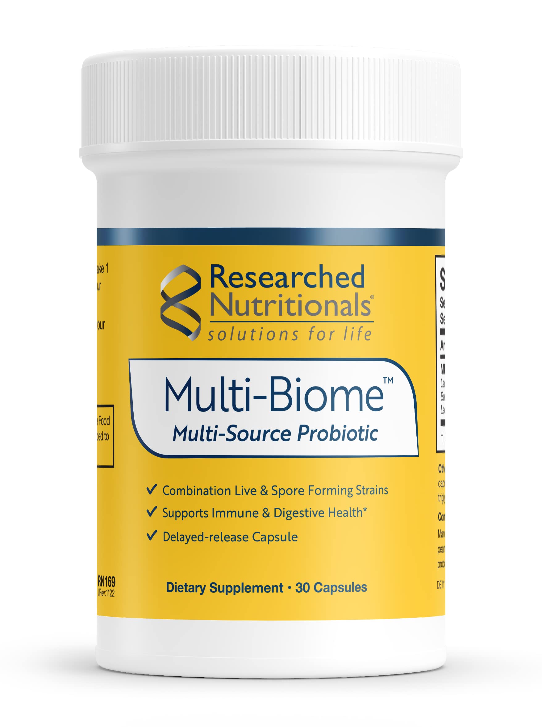 Researched Nutritionals Multi-Biome frente del empaque que muestra la marca y el diseño para identificar el producto
