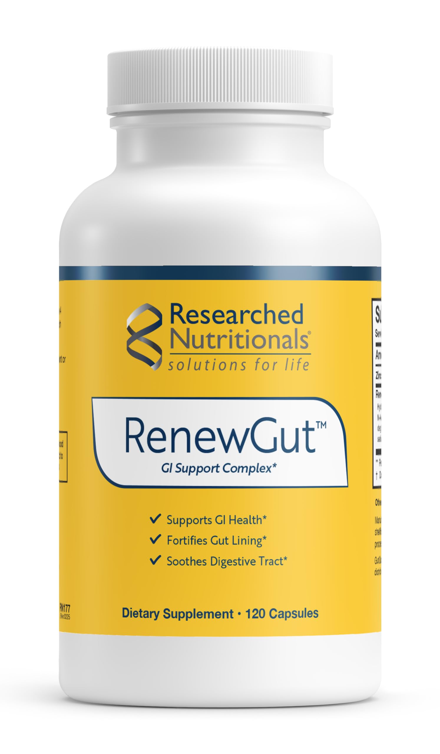 Researched Nutritionals RenewGut frasco visible, muestra confianza y formulación segura