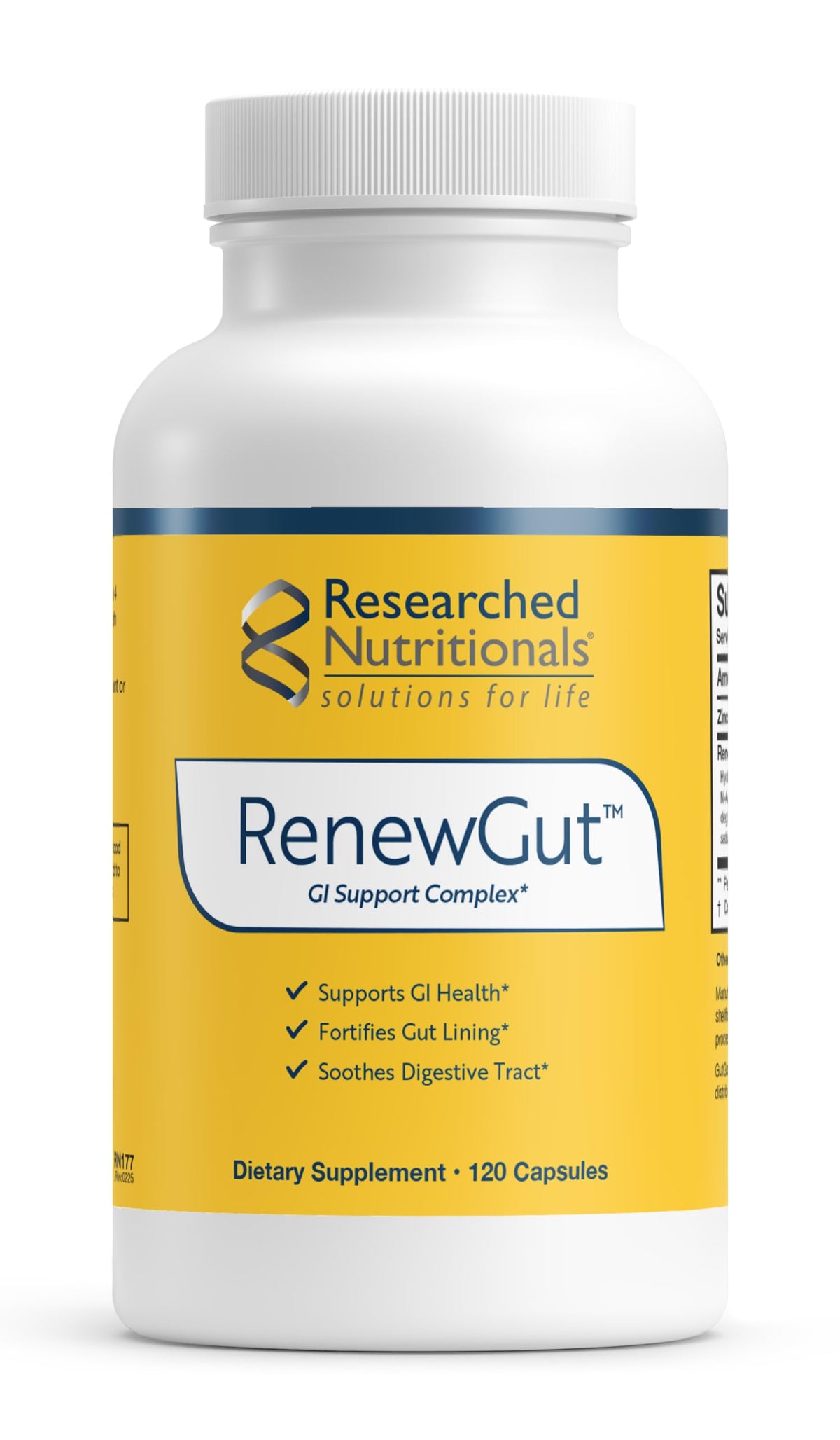 Researched Nutritionals RenewGut frasco visible, muestra confianza y formulación segura