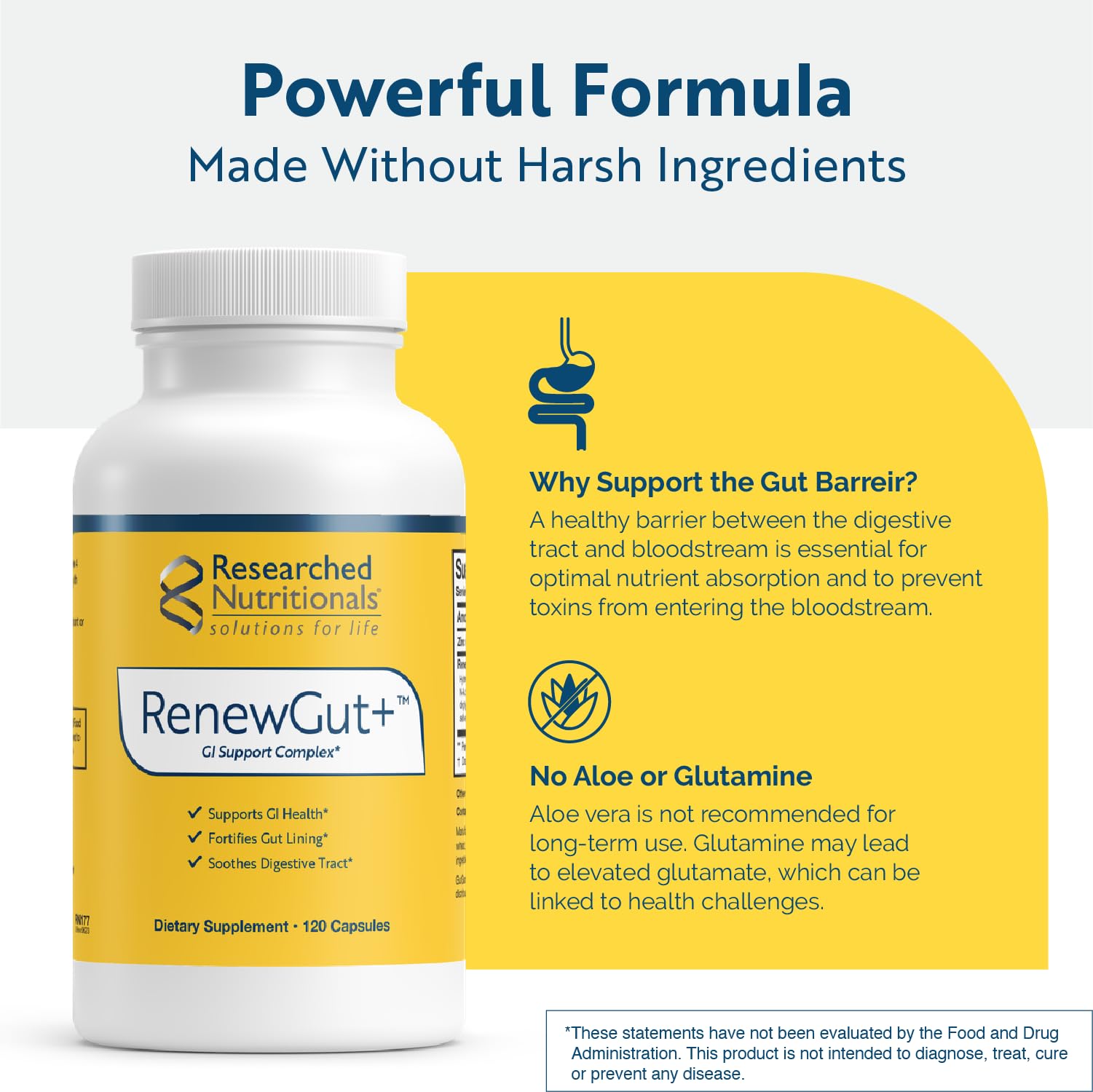 Selección de ingredientes clave de RenewGut de Researched Nutritionals mostrando beneficio digestivo