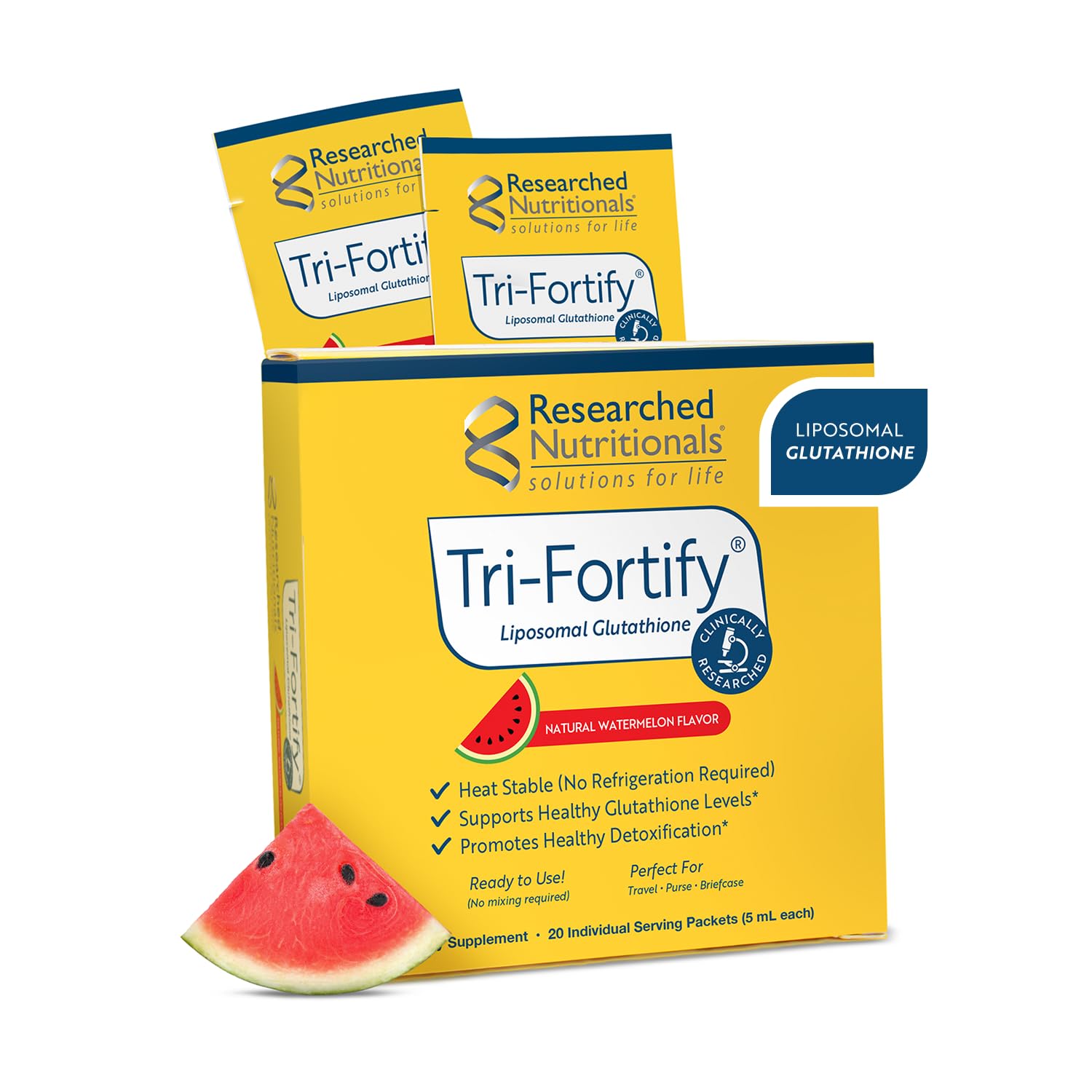 Researched Nutritionals sobre frontal mostrando empaque y conveniencia