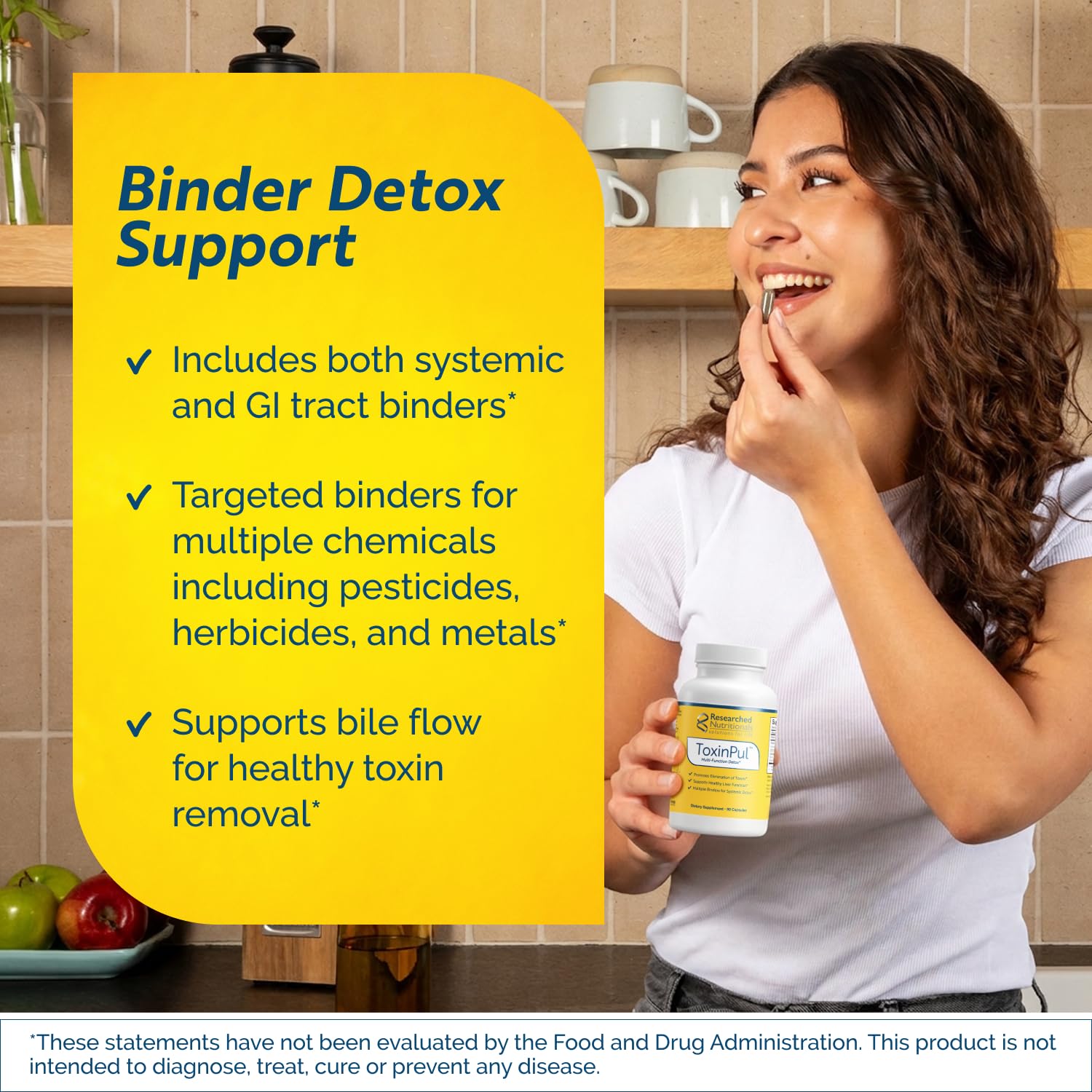 Researched Nutritionals ToxinPul cápsulas detalle que destaca textura y facilidad de ingesta