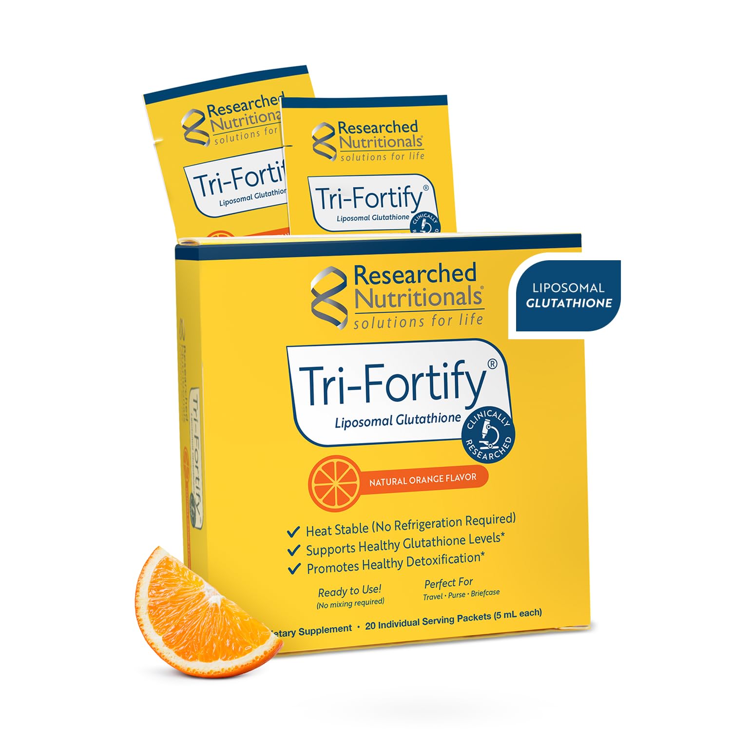 Researched Nutritionals empaque frontal mostrando 20 sobres y beneficio portabilidad