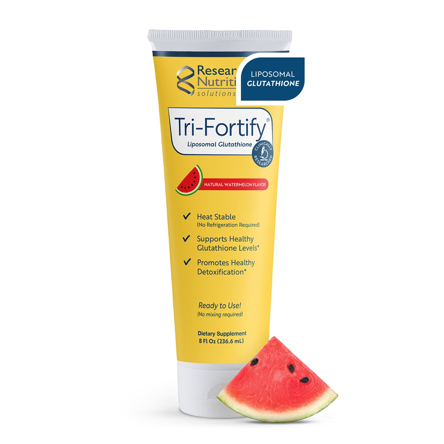 Researched Nutritionals frasco frontal mostrando etiqueta y sabor sandía, conveniente para almacenamiento