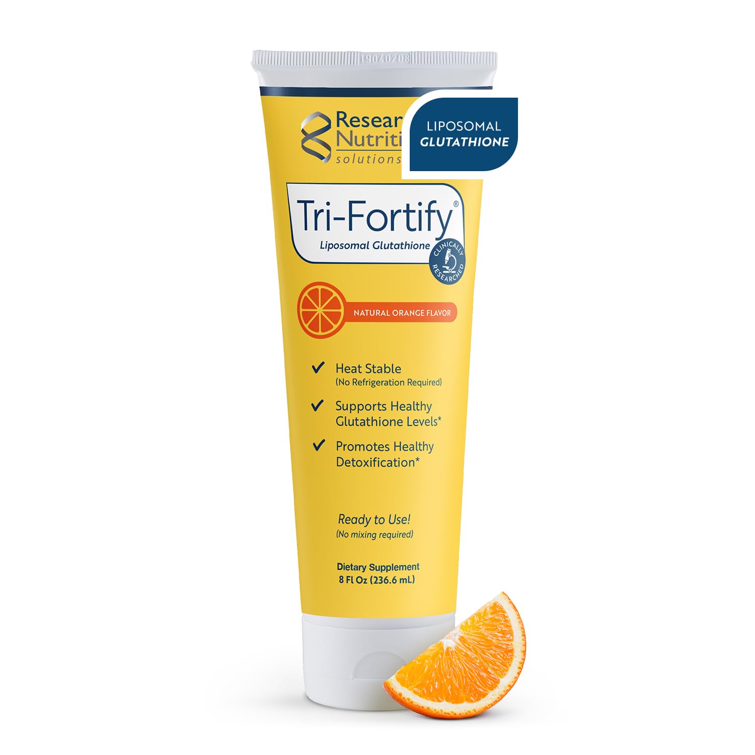 Researched Nutritionals envase frontal mostrando el producto y el sabor naranja