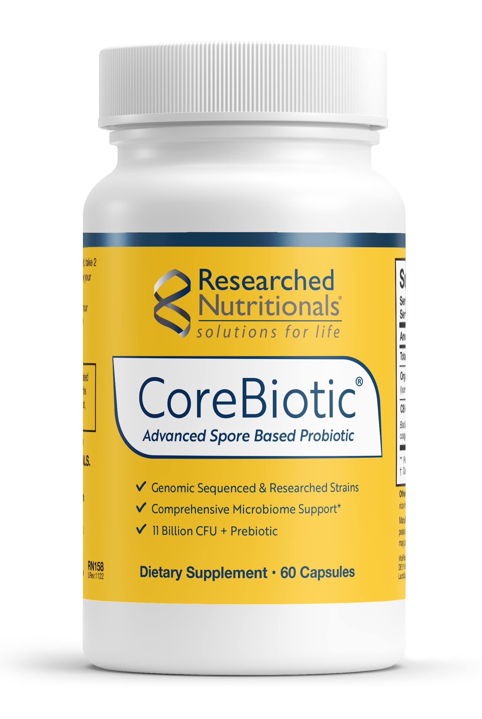 Researched Nutritionals CoreBiotic frente del envase mostrando el diseño y beneficio vegano