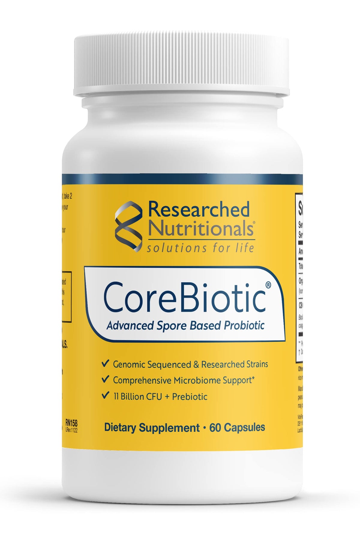 Researched Nutritionals CoreBiotic frente del envase mostrando el diseño y beneficio vegano
