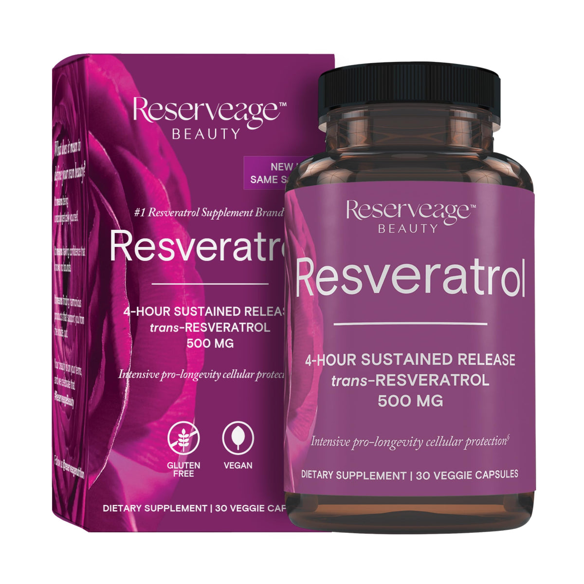 Reserveage Beauty frasco frente mostrando etiqueta y beneficios clave