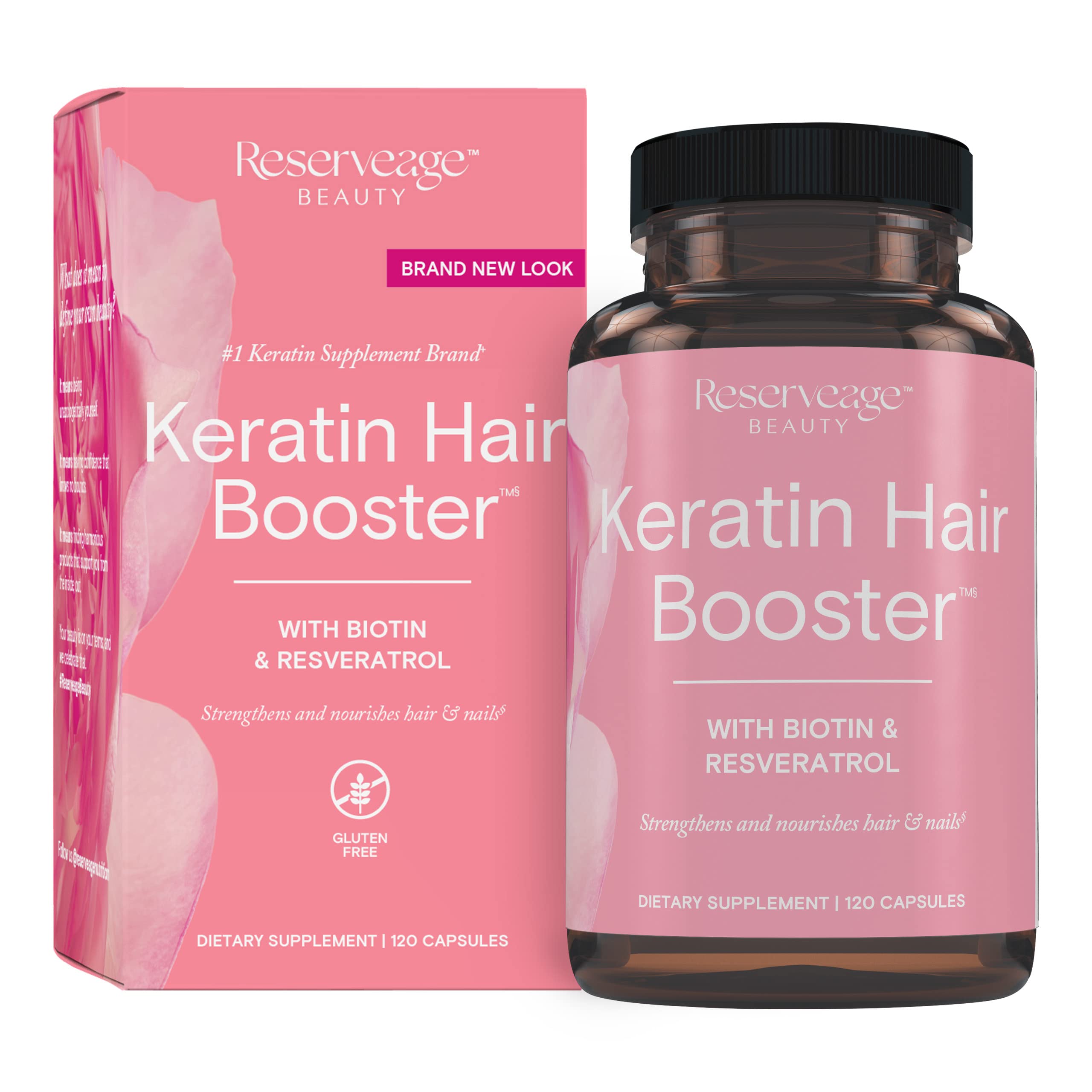 Reserveage Beauty mostrando el frente del envase con beneficio de soporte capilar