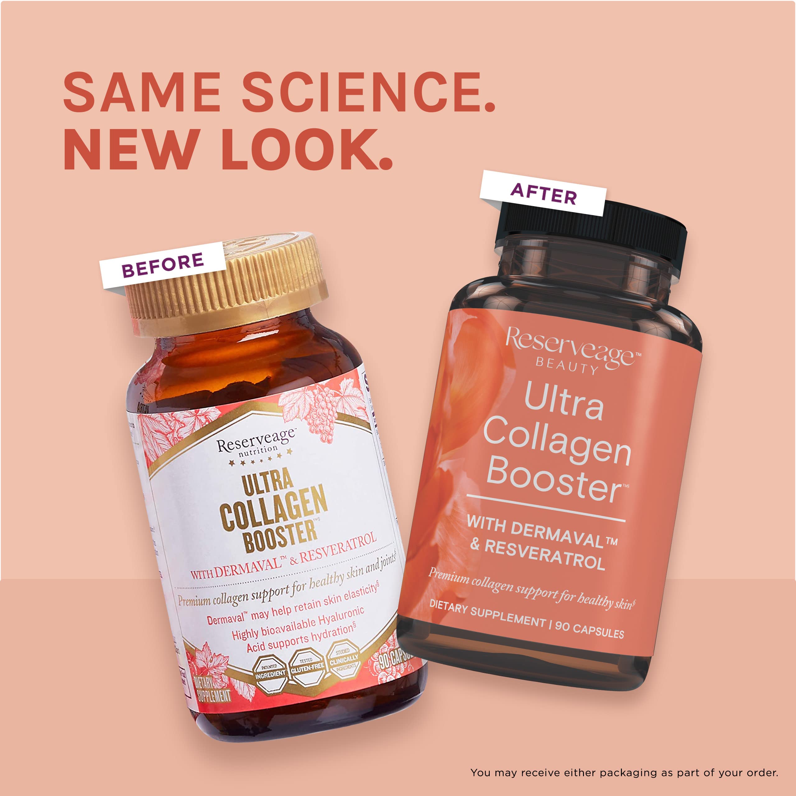 Reserveage Nutrition etiqueta con lista de ingredientes y beneficios visibles en el envase