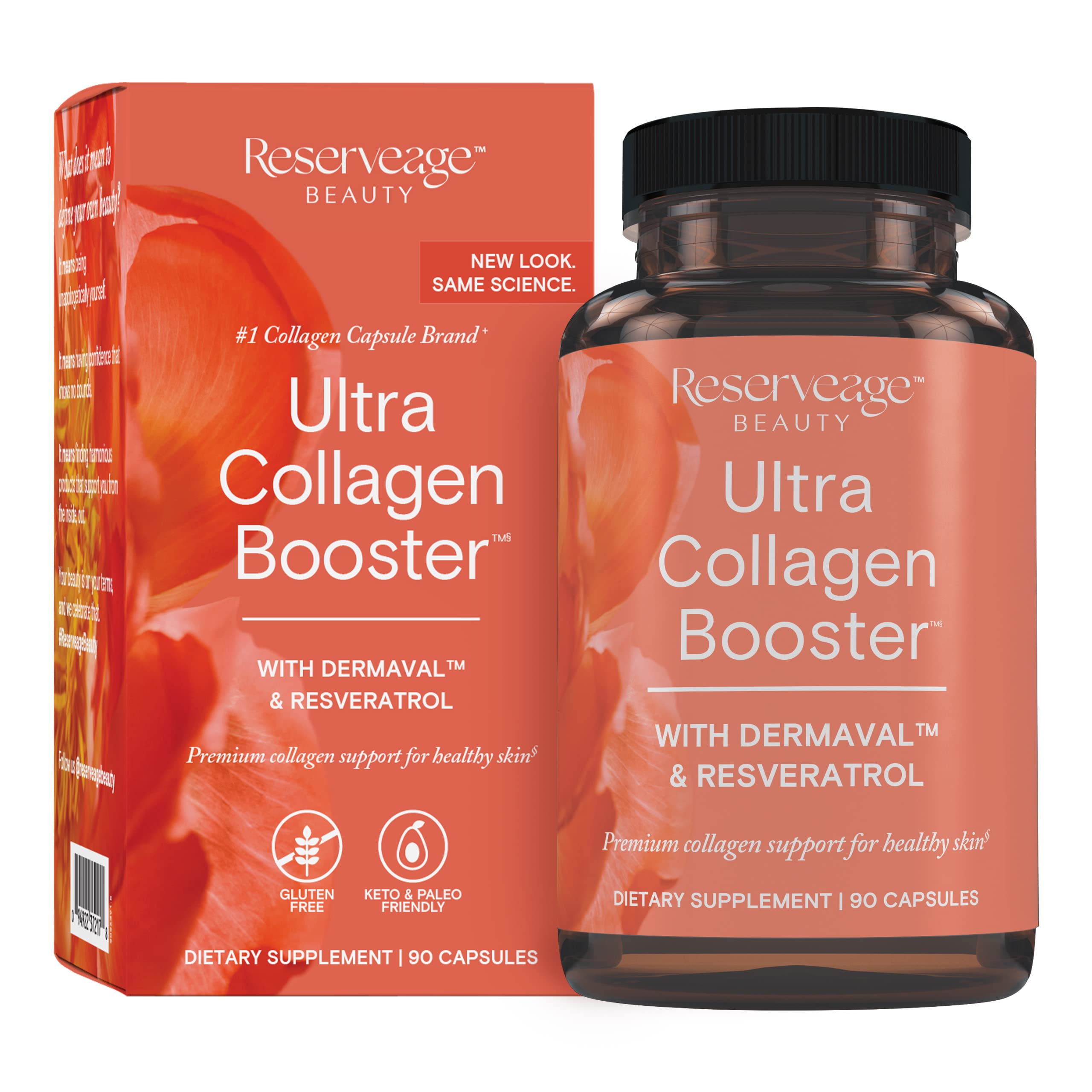 Reserveage Nutrition frasco frontal del Ultra Collagen Booster mostrando el envase y cantidad