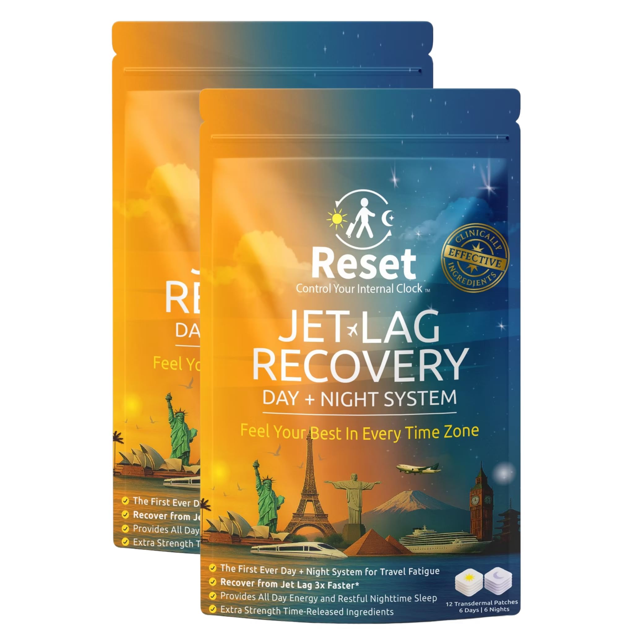 Reset Jet Lag Recovery Patch en contexto de aeropuerto mostrando preparación del viajero