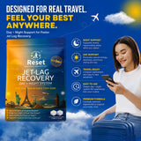 Reset Jet Lag Recovery Patch dentro de un neceser de viaje listo para llevar