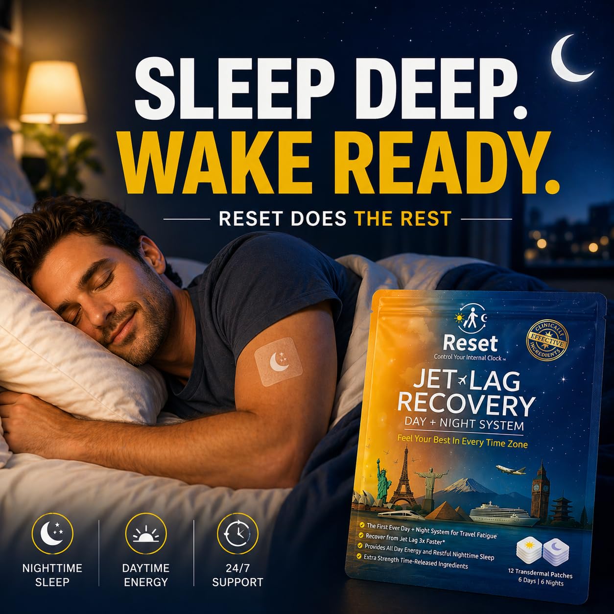 Reset Jet Lag Recovery Patch escena en aeropuerto ilustrando uso en viaje