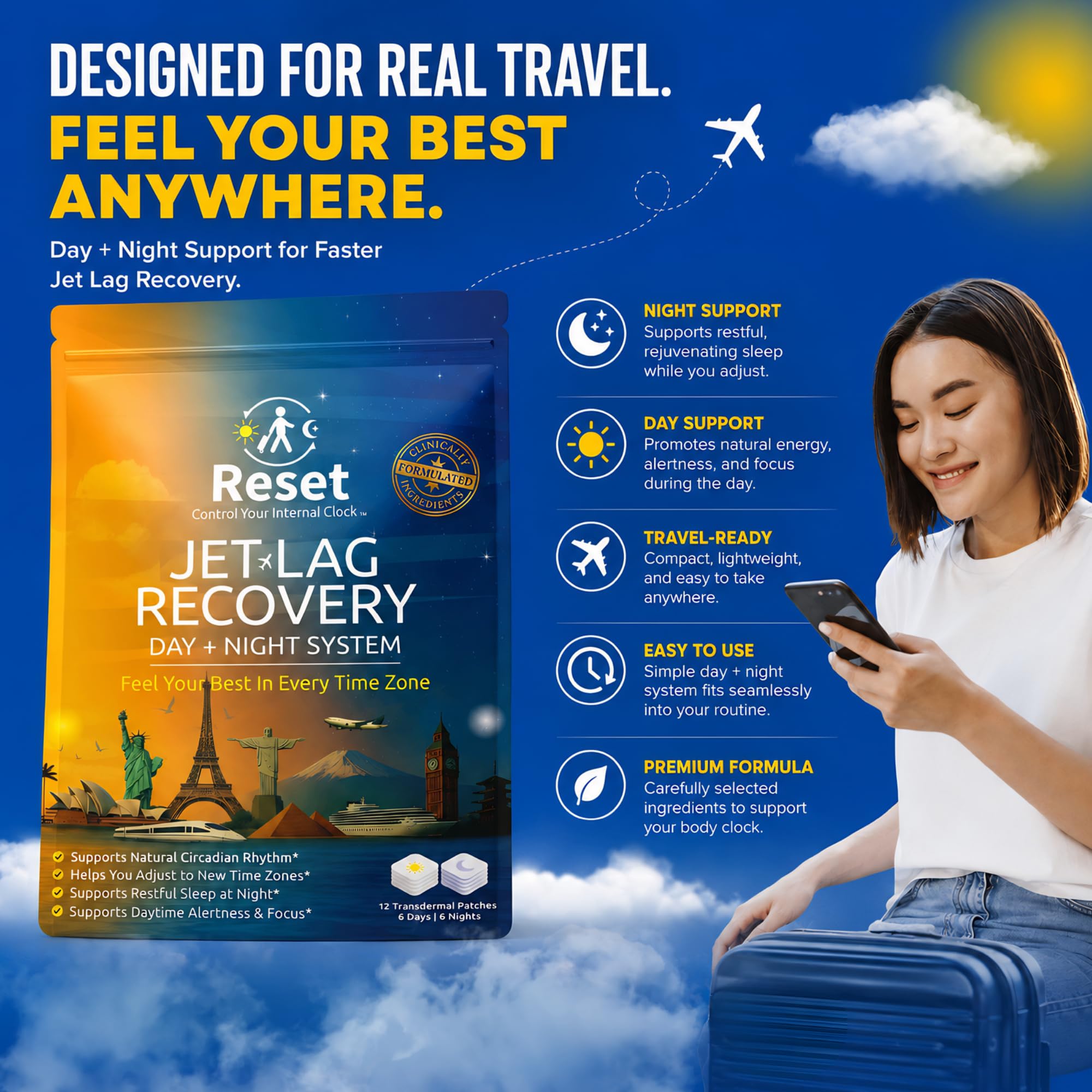 Reset Jet Lag Recovery Patch etiqueta con ingredientes para información clara