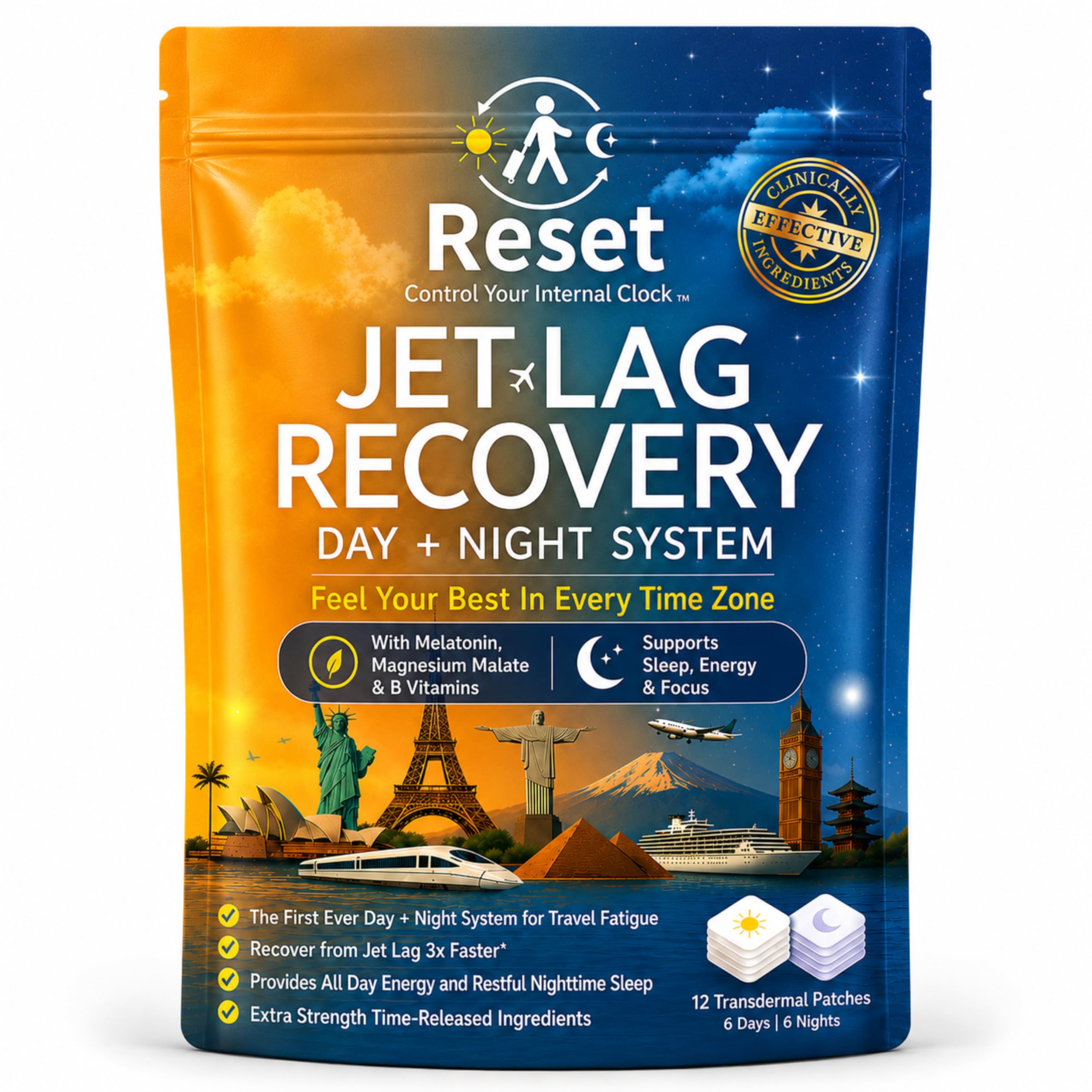 Reset Jet Lag Recovery Patch frontal del envase mostrando portabilidad