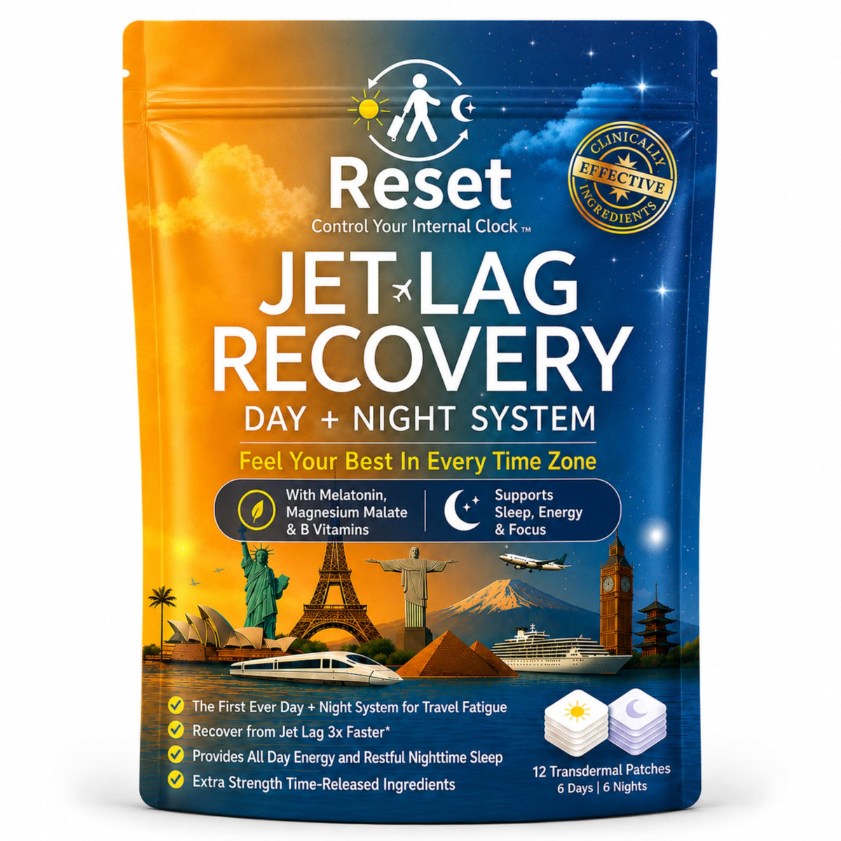 Reset Jet Lag Recovery Patch frontal del envase mostrando portabilidad