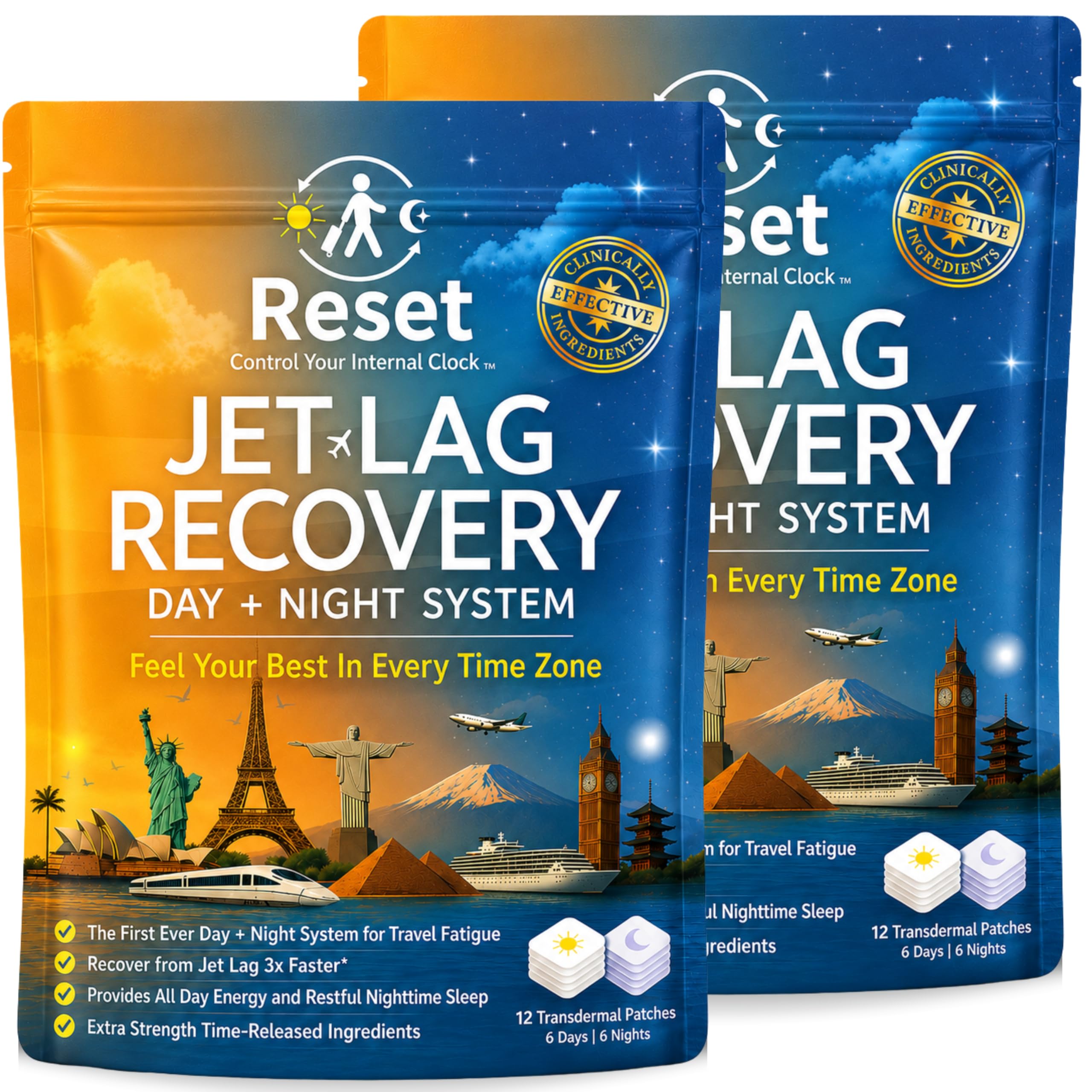 Reset Jet Lag Recovery Patch packaging frontal mostrando estuche compacto y portable