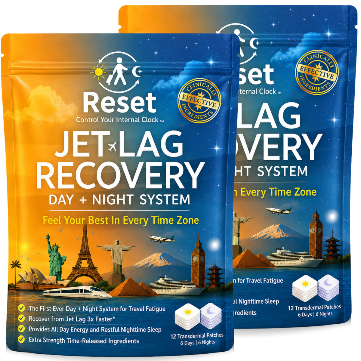 Reset Jet Lag Recovery Patch packaging frontal mostrando estuche compacto y portable