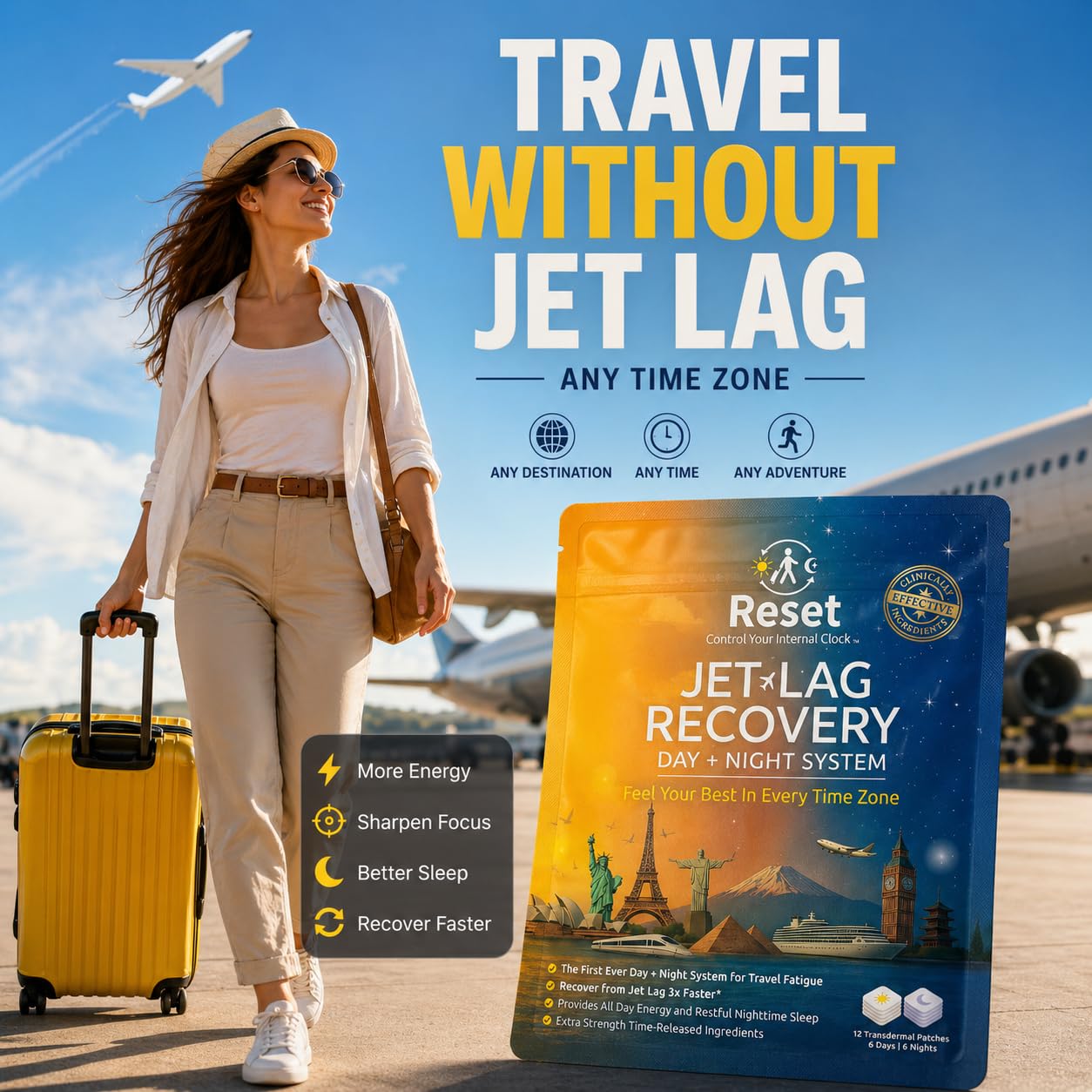Reset Jet Lag Recovery Patch textura del adhesivo y material para liberación sostenida
