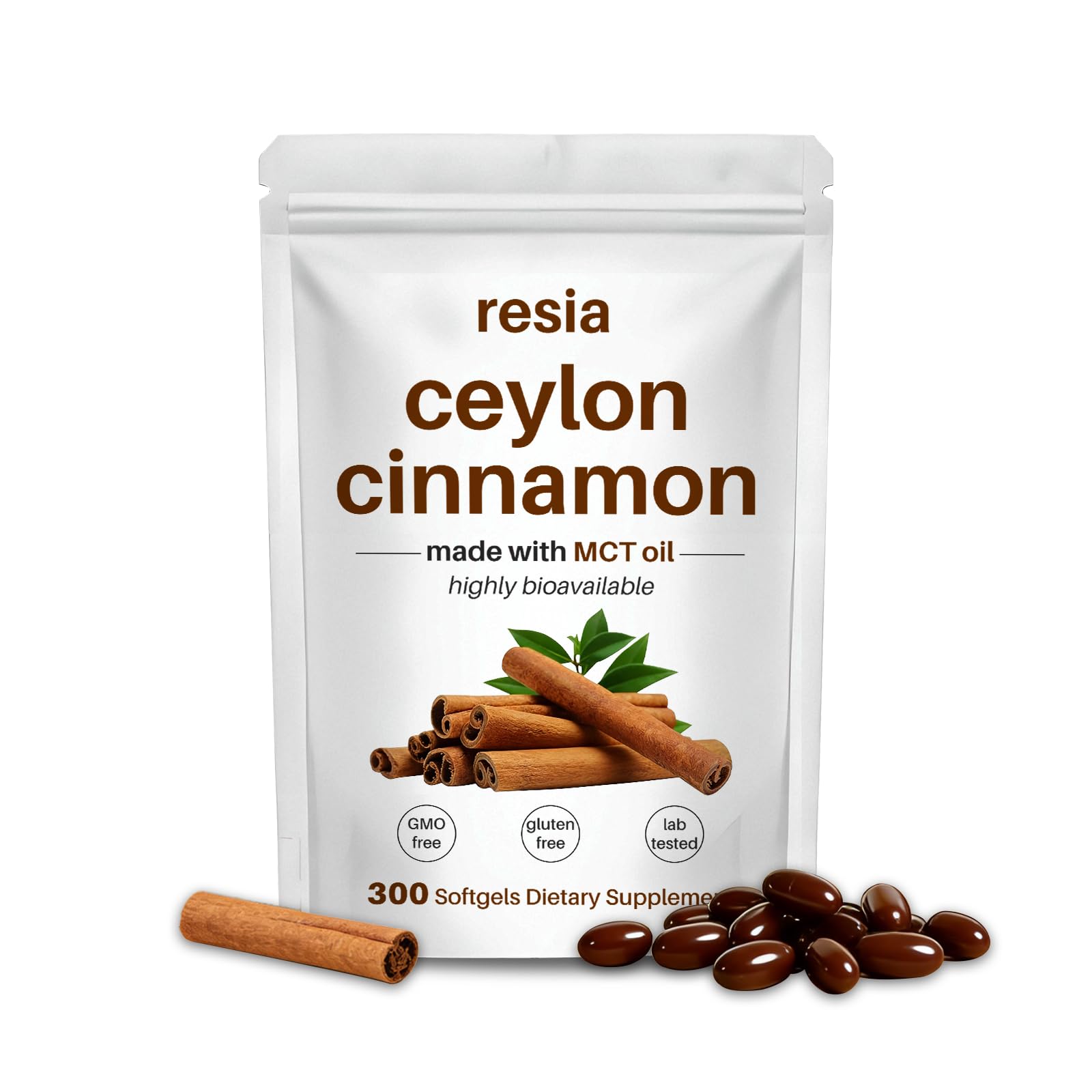 RESIA envase frontal de canela Ceylon con 300 softgels, ofrece suministro prolongado