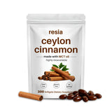 RESIA envase frontal de canela Ceylon con 300 softgels, ofrece suministro prolongado