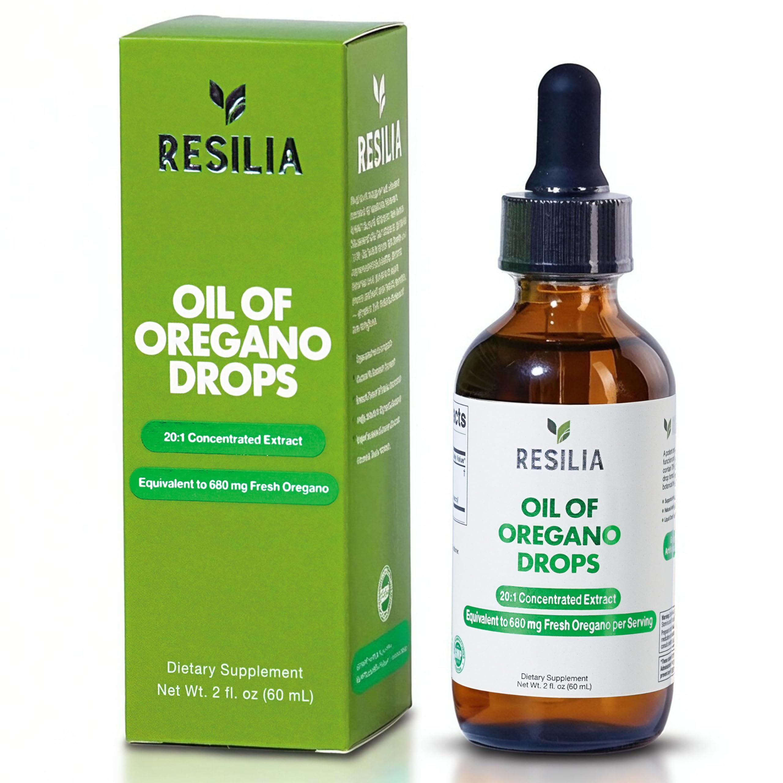 Resilia Oil Of Oregano frente del envase mostrando diseño y beneficio práctico