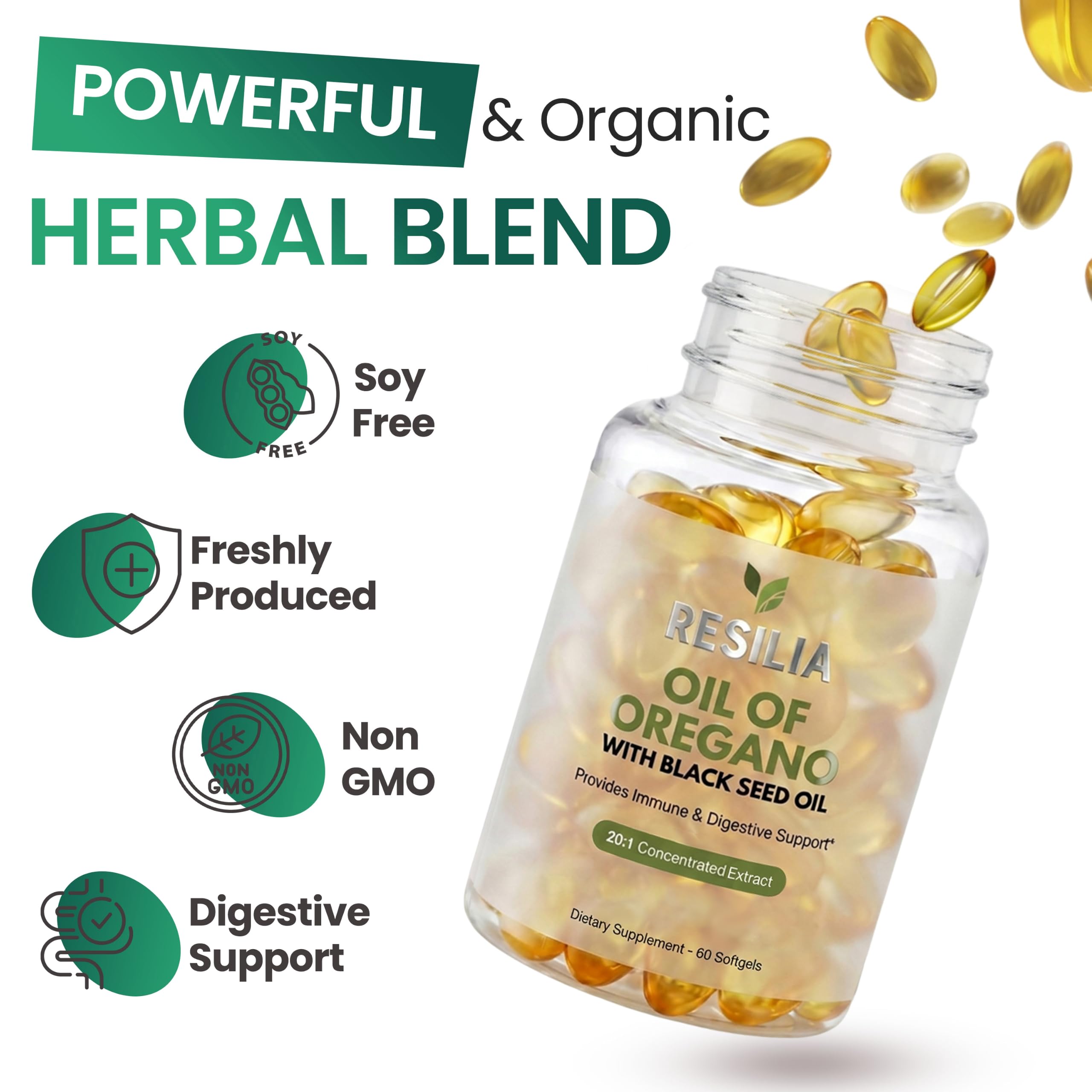 Resilia Oil Of Oregano cápsulas montadas en superficie para una toma fácil y sin sabor fuerte