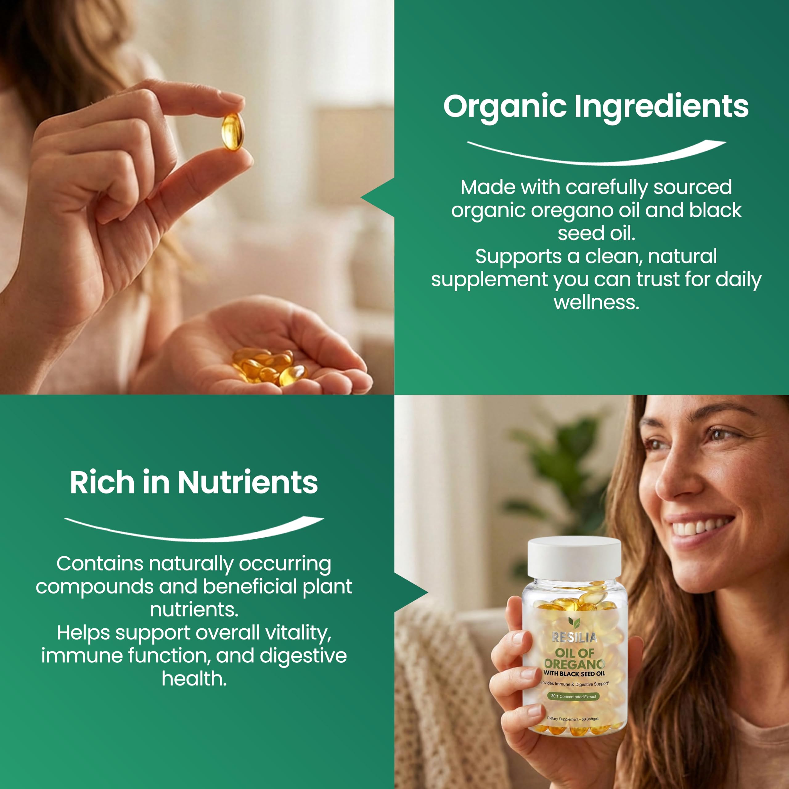 Resilia Oil Of Oregano etiqueta principal enfocada en certificaciones orgánicas y sin OGM