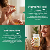 Resilia Oil Of Oregano etiqueta principal enfocada en certificaciones orgánicas y sin OGM