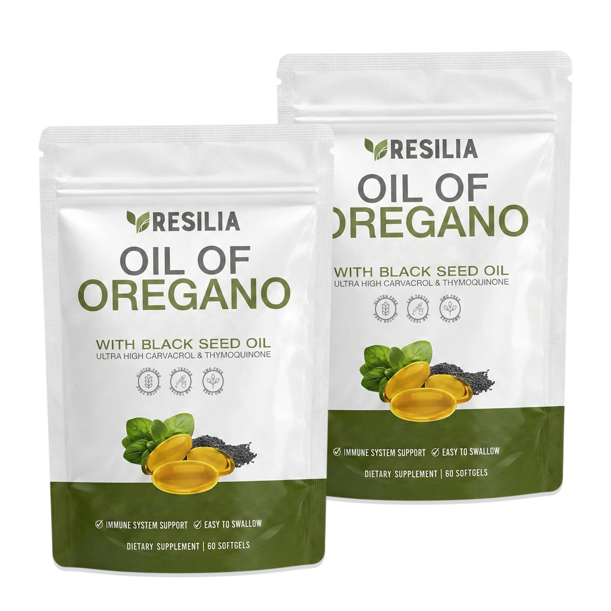 Resilia Oil Of Oregano frente del empaque mostrando cantidad y beneficios