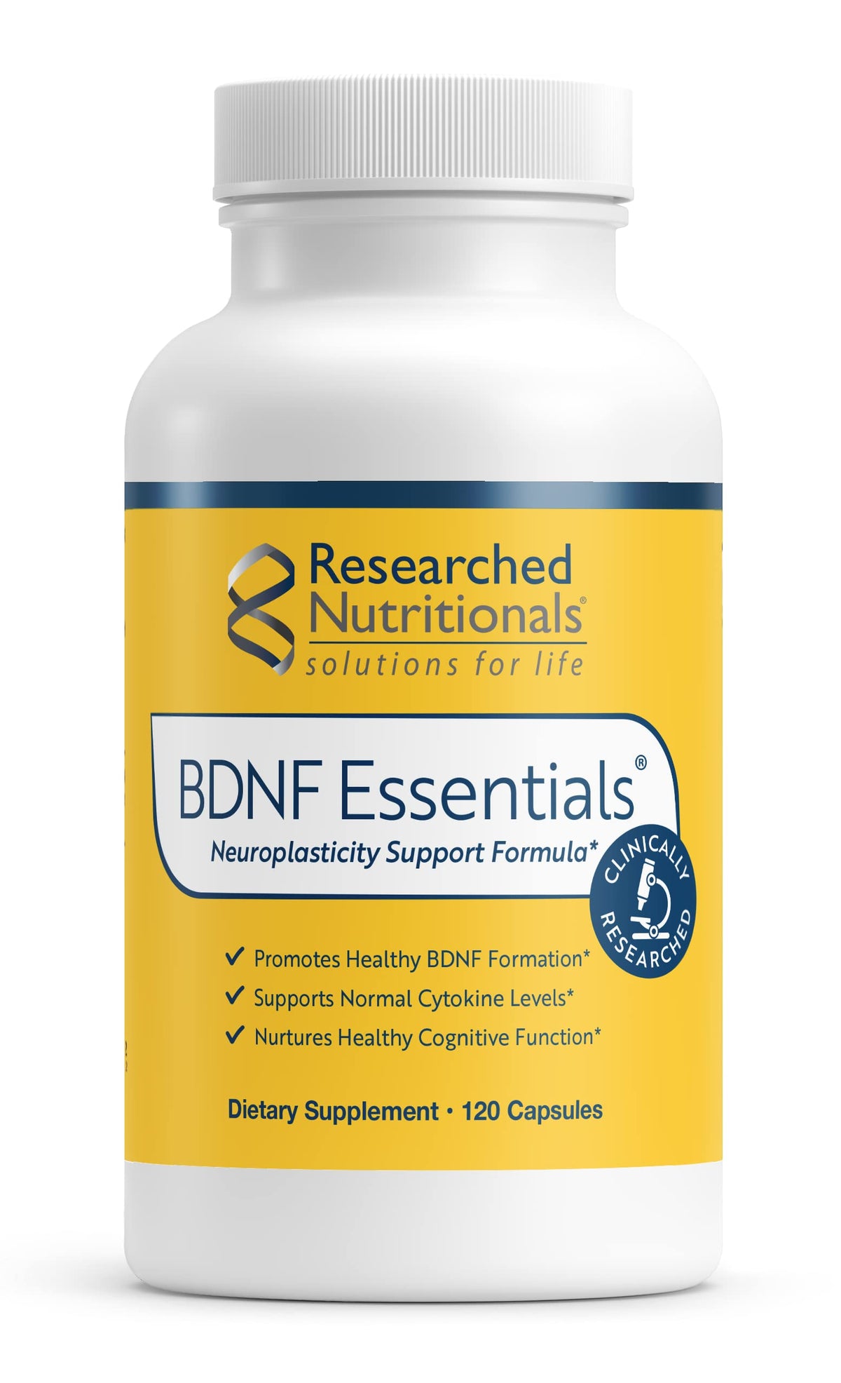 Researched Nutritionals frasco frontal mostrando la marca y beneficio cognitivo