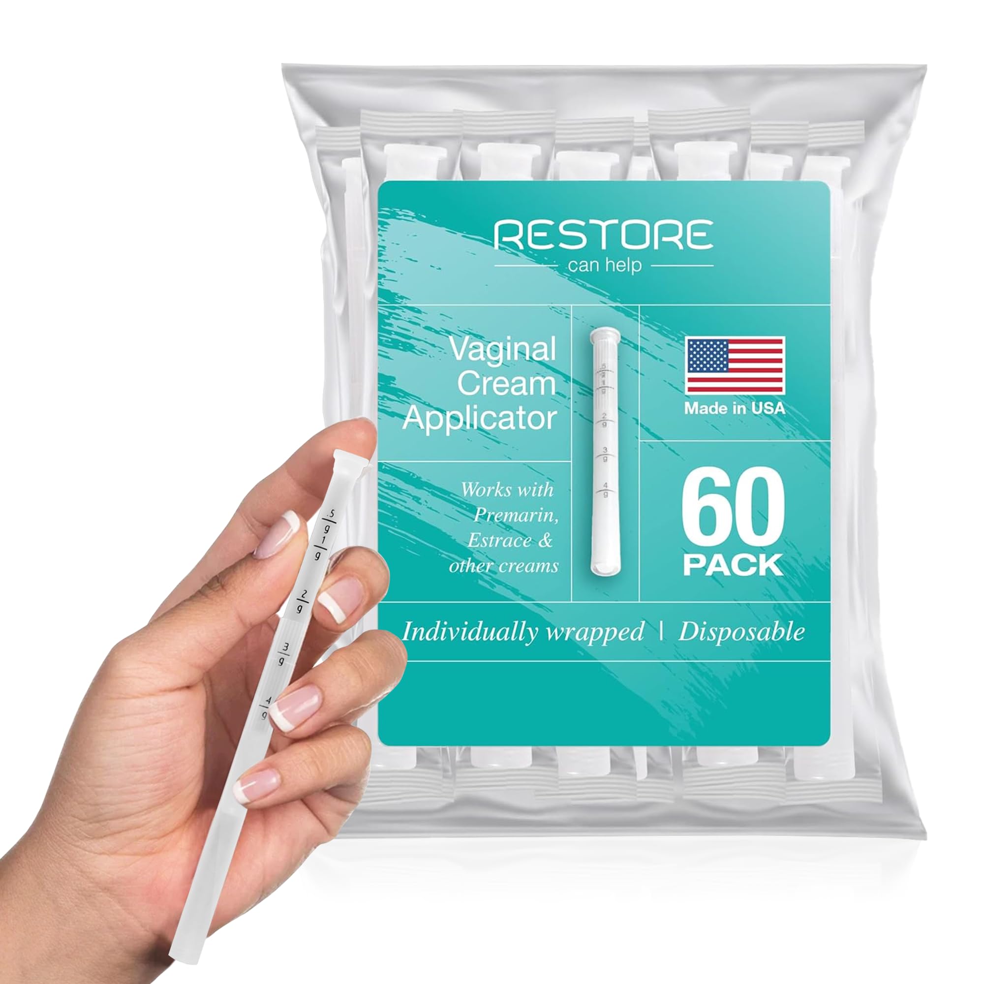 Restore Can Help frente del paquete mostrando 60 aplicadores y beneficios higiénicos