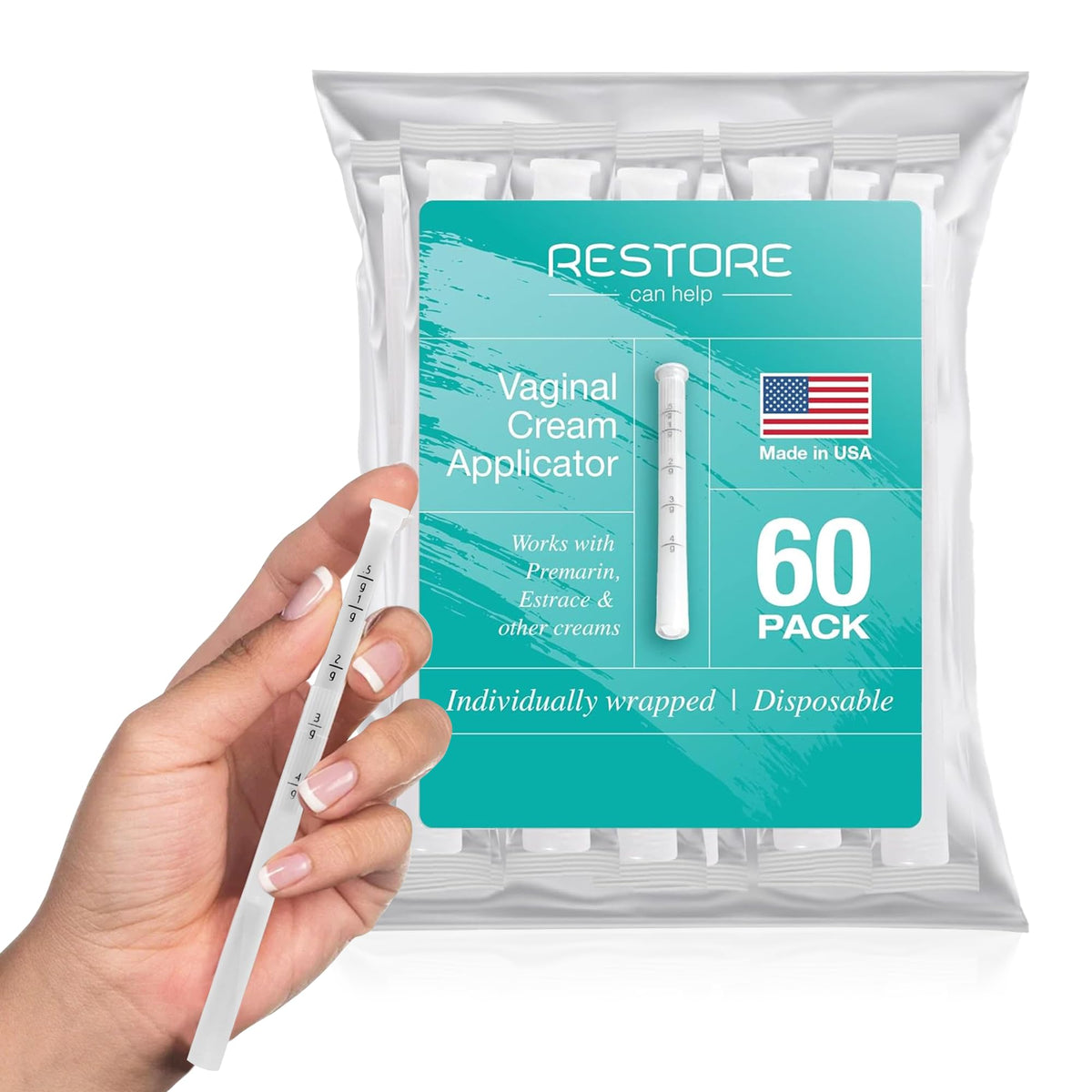 Restore Can Help frente del paquete mostrando 60 aplicadores y beneficios higiénicos