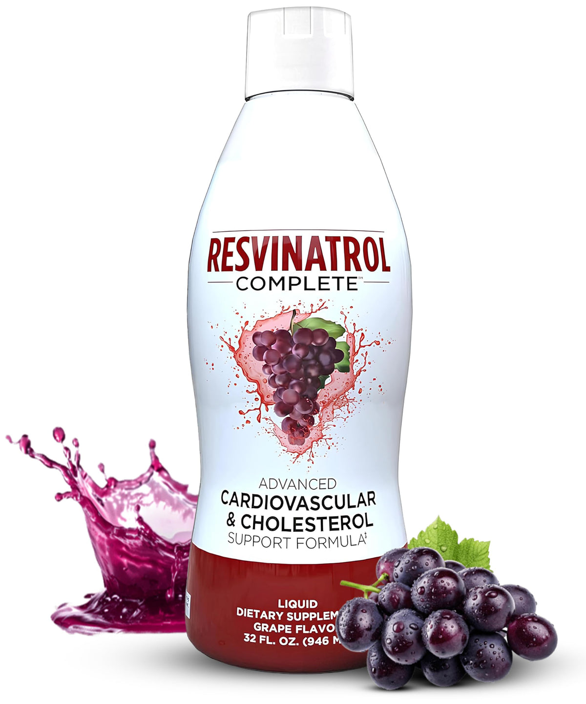 Resvinatrol Complete frente del envase mostrando la botella y beneficios para el corazón