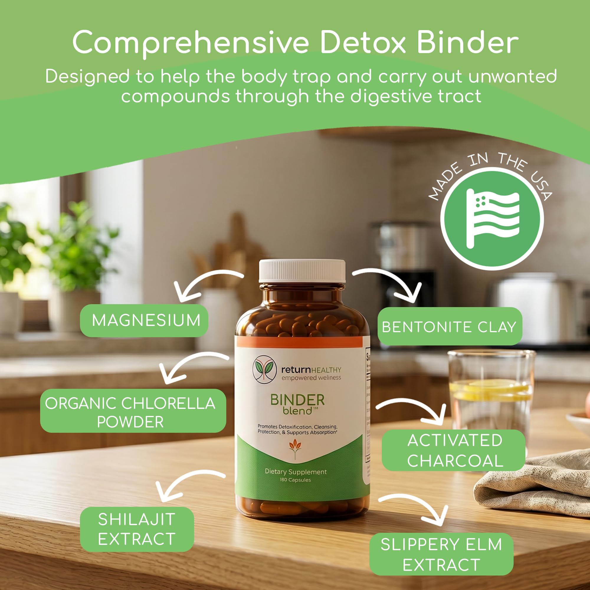 Return Healthy Binder Blend cápsulas abiertas mostrando textura y composición absorbente