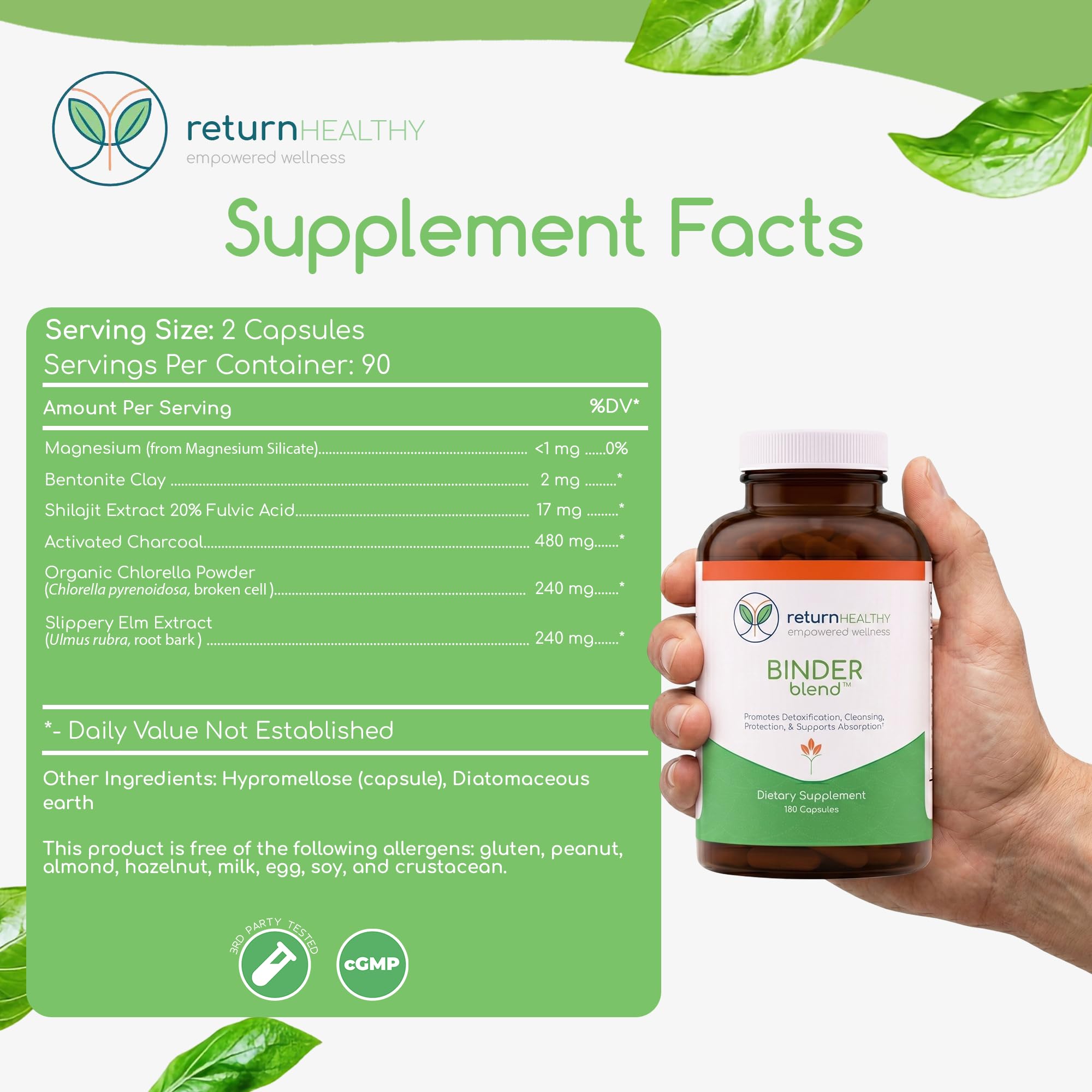 Return Healthy Binder Blend primer plano de polvo de carbón activado indicando acción absorbente